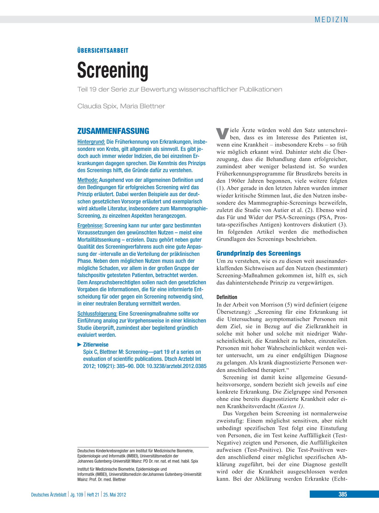Vorschauseite 1: Screening – Deutsches Ärzteblatt