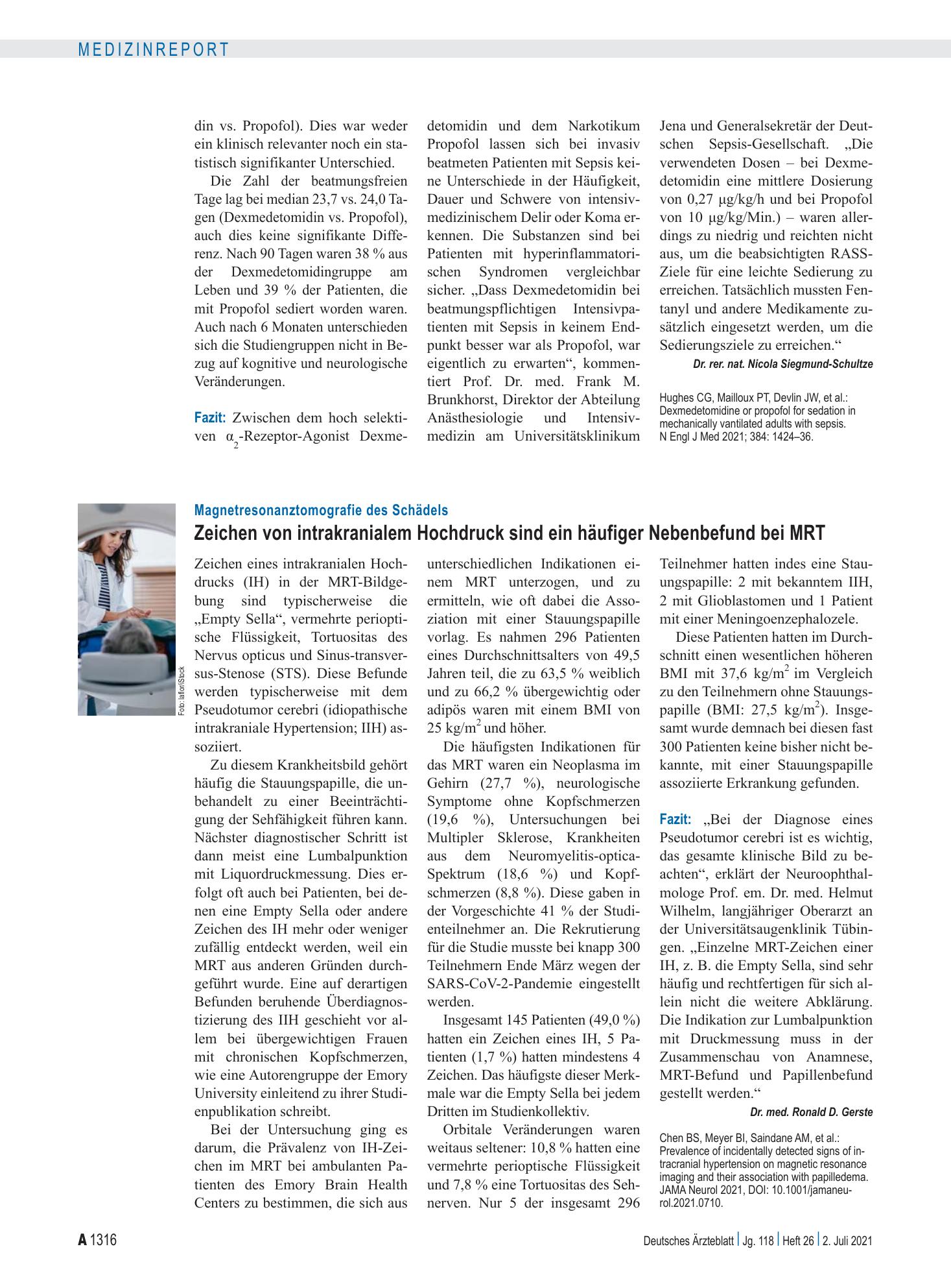 Vorschauseite 1: Magnetresonanztomografie des Schädels: Zeichen von intrakranialem Hochdruck sind ein häufiger Nebenbefund bei MRT – Deutsches Ärzteblatt
