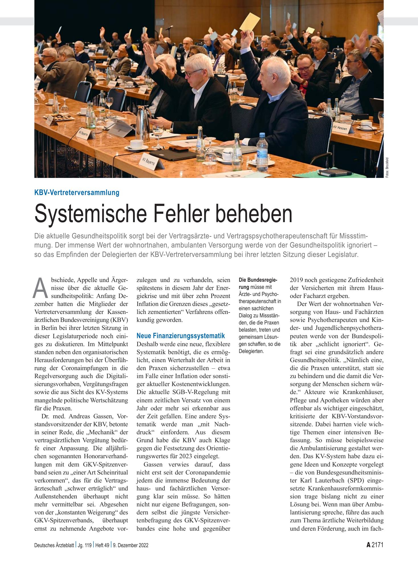 Vorschauseite 1: KBV-Vertreterversammlung: Systemische Fehler beheben – Deutsches Ärzteblatt