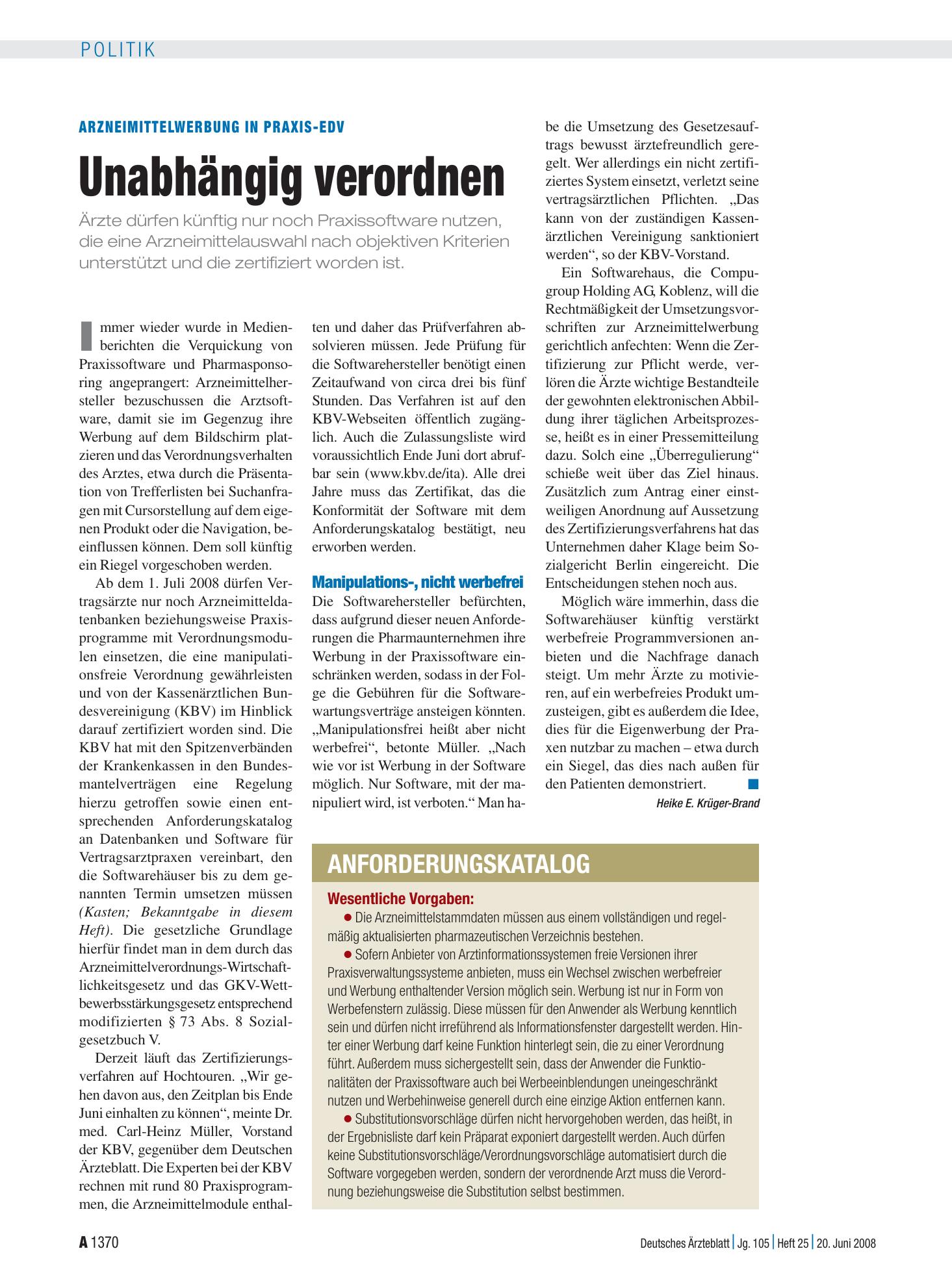 Vorschauseite 1: Arzneimittelwerbung in Praxis-EDV: Unabhängig verordnen – Deutsches Ärzteblatt