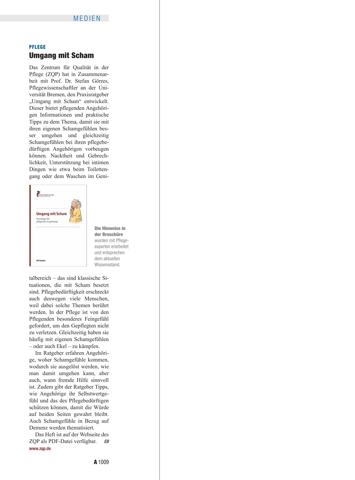 Vorschauseite 1: Pflege: Umgang mit Scham – Deutsches Ärzteblatt