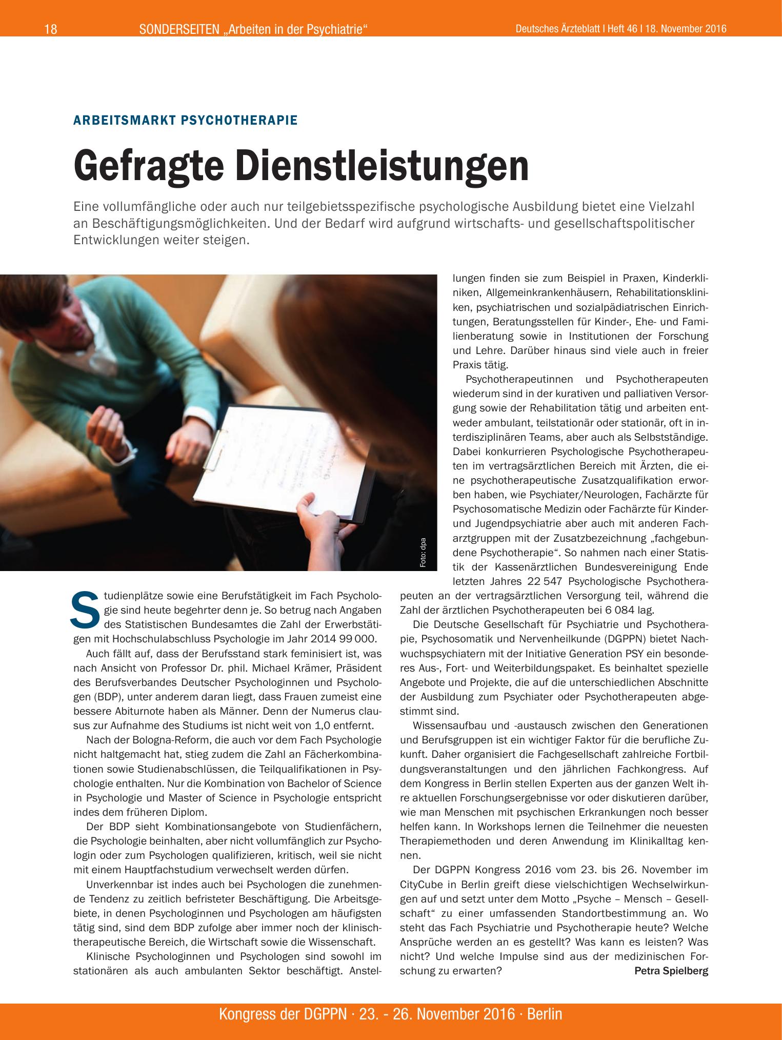 Vorschauseite 1: Arbeitsmarkt Psychotherapie: Gefragte Dienstleistungen – Deutsches Ärzteblatt