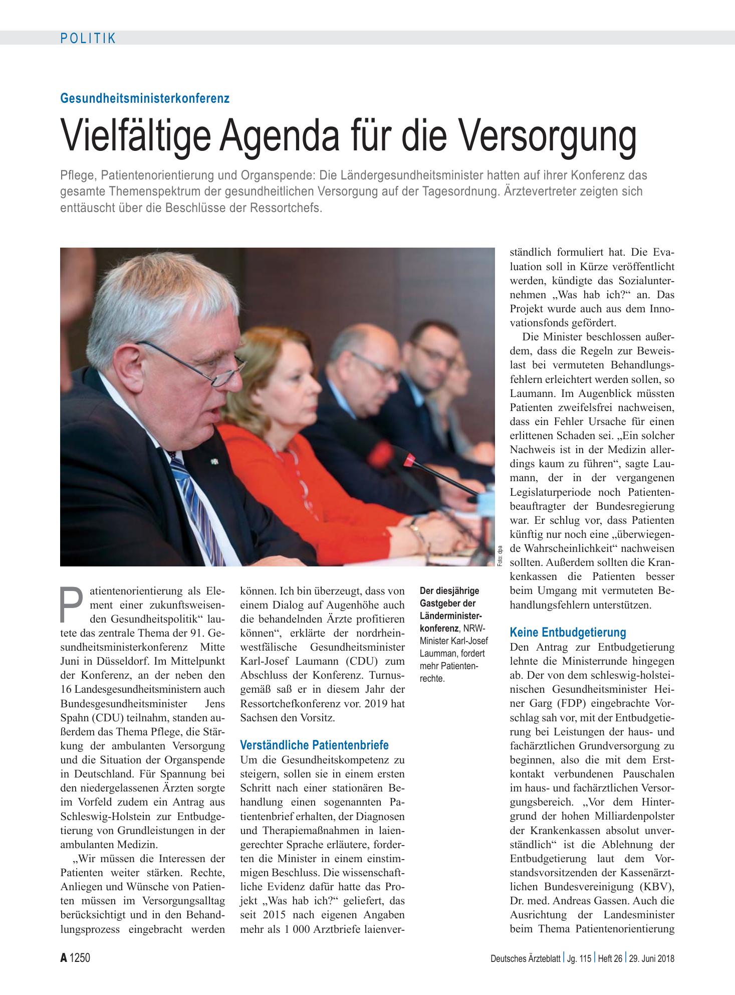 Vorschauseite 1: Gesundheitsministerkonferenz: Vielfältige Agenda für die Versorgung – Deutsches Ärzteblatt