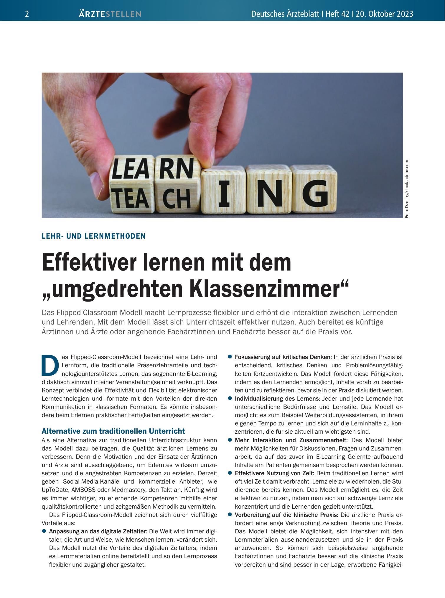 Vorschauseite 1: Lehr- und Lernmethoden: Effektiver lernen mit dem „umgedrehten Klassenzimmer“ – Deutsches Ärzteblatt