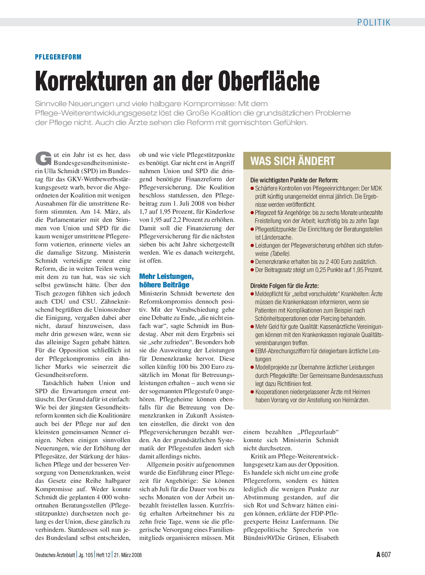 Vorschauseite 1: Pflegereform: Korrekturen an der Oberfläche – Deutsches Ärzteblatt