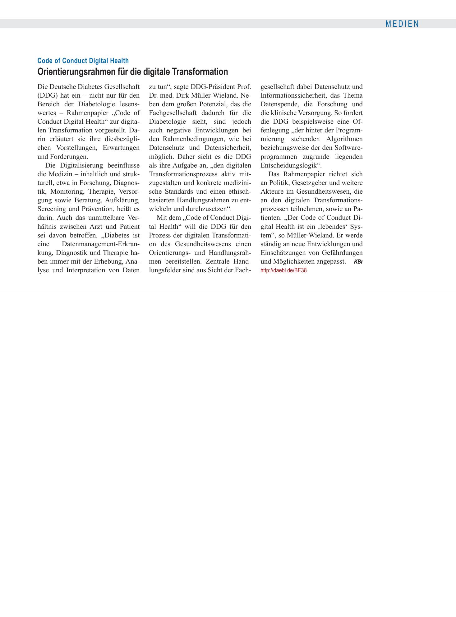 Vorschauseite 1: Code of Conduct Digital Health: Orientierungsrahmen für die digitale Transformation – Deutsches Ärzteblatt