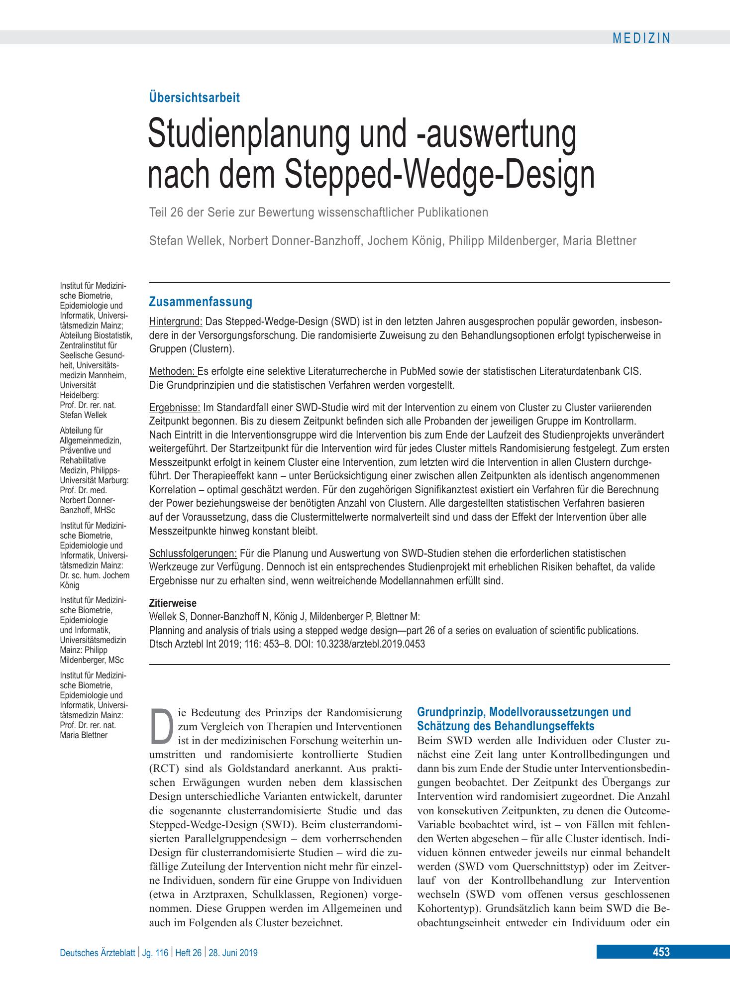 Vorschauseite 1: Studienplanung und -auswertung nach dem Stepped-Wedge-Design – Deutsches Ärzteblatt