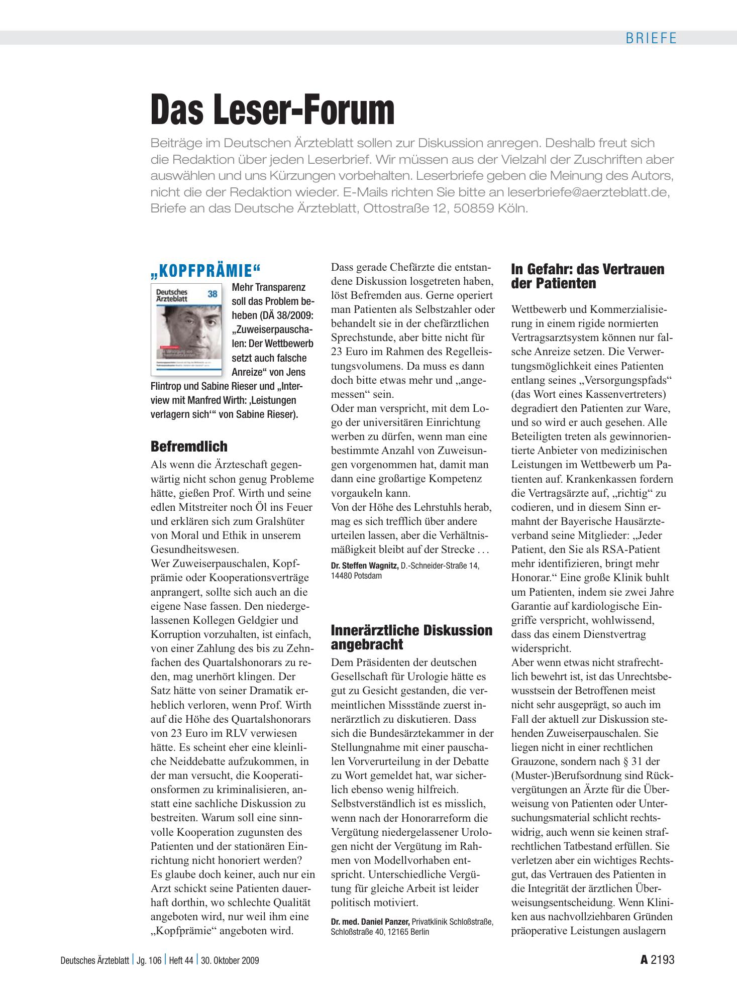 Vorschauseite 1: „Kopfprämie“: Befremdlich – Deutsches Ärzteblatt