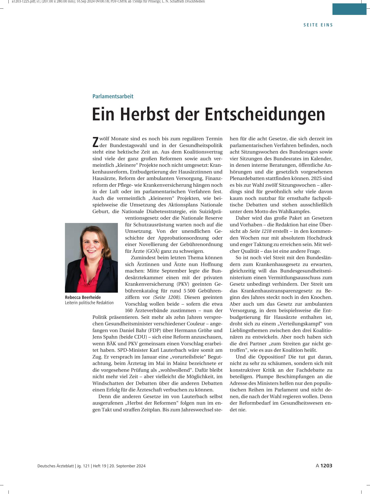 Vorschauseite 1: Parlamentsarbeit: Ein Herbst der Entscheidungen – Deutsches Ärzteblatt