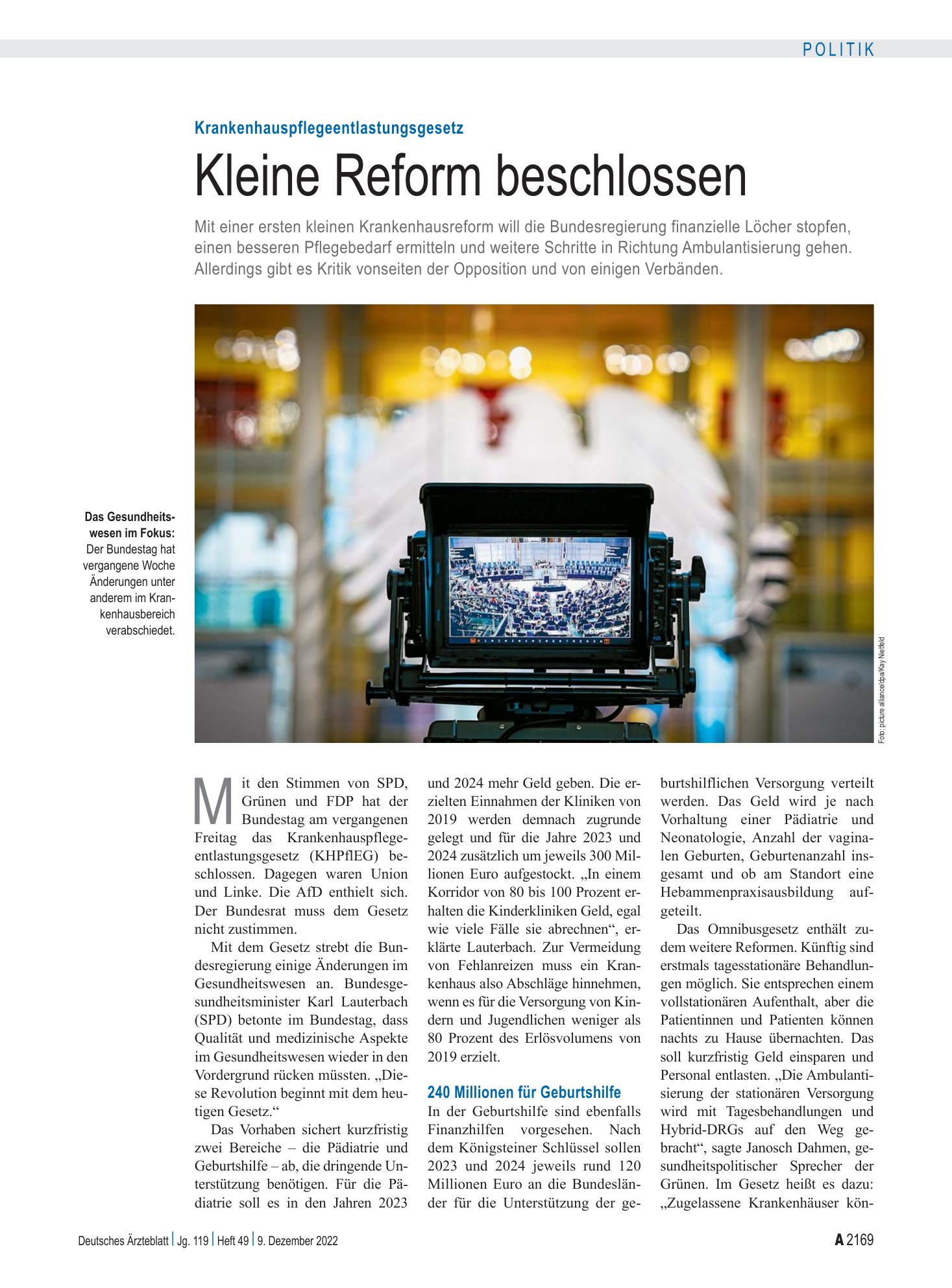 Vorschauseite 1: Krankenhauspflegeentlastungsgesetz: Kleine Reform beschlossen – Deutsches Ärzteblatt