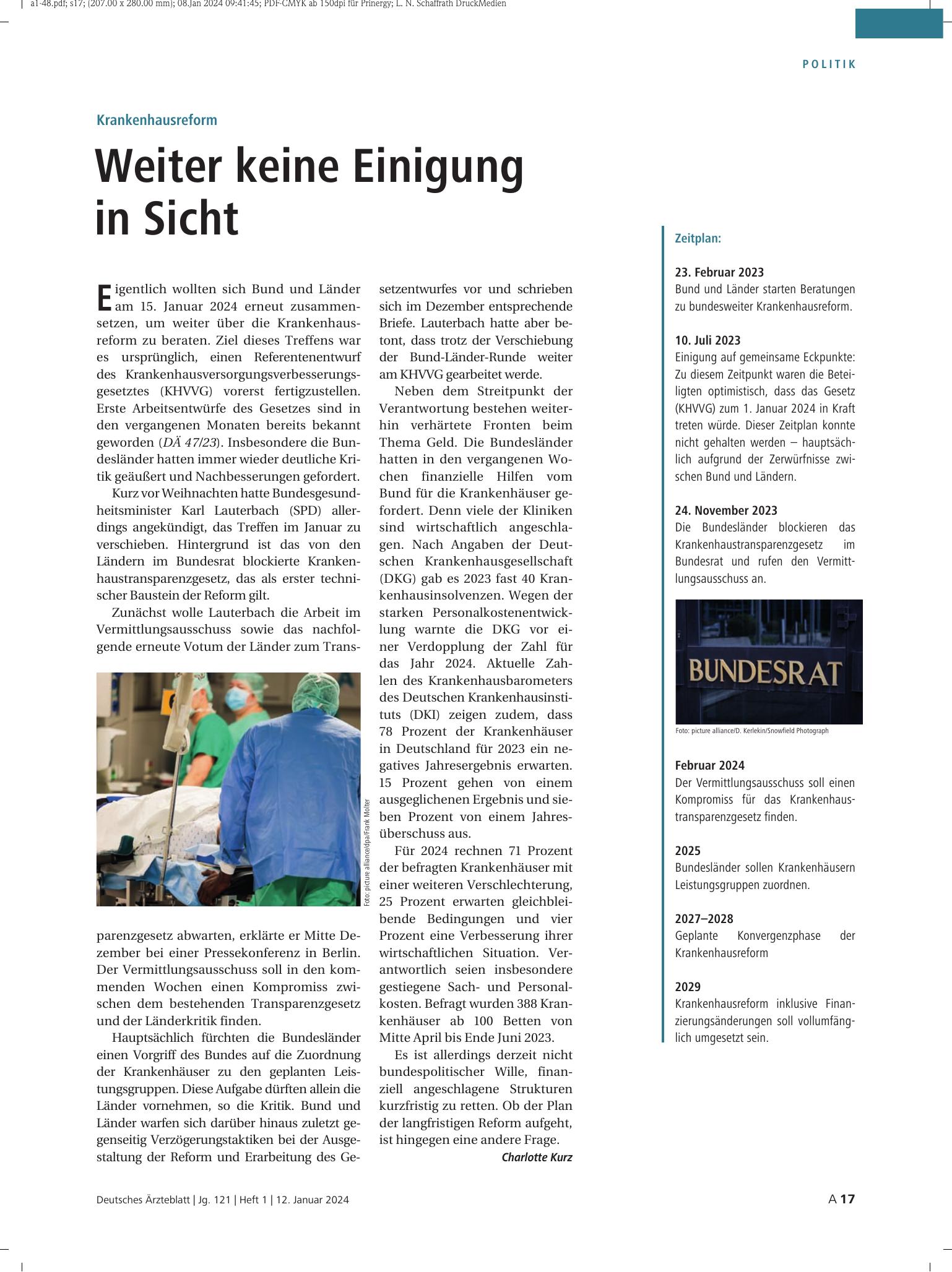 Vorschauseite 1: Krankenhausreform: Weiter keine Einigung in Sicht – Deutsches Ärzteblatt