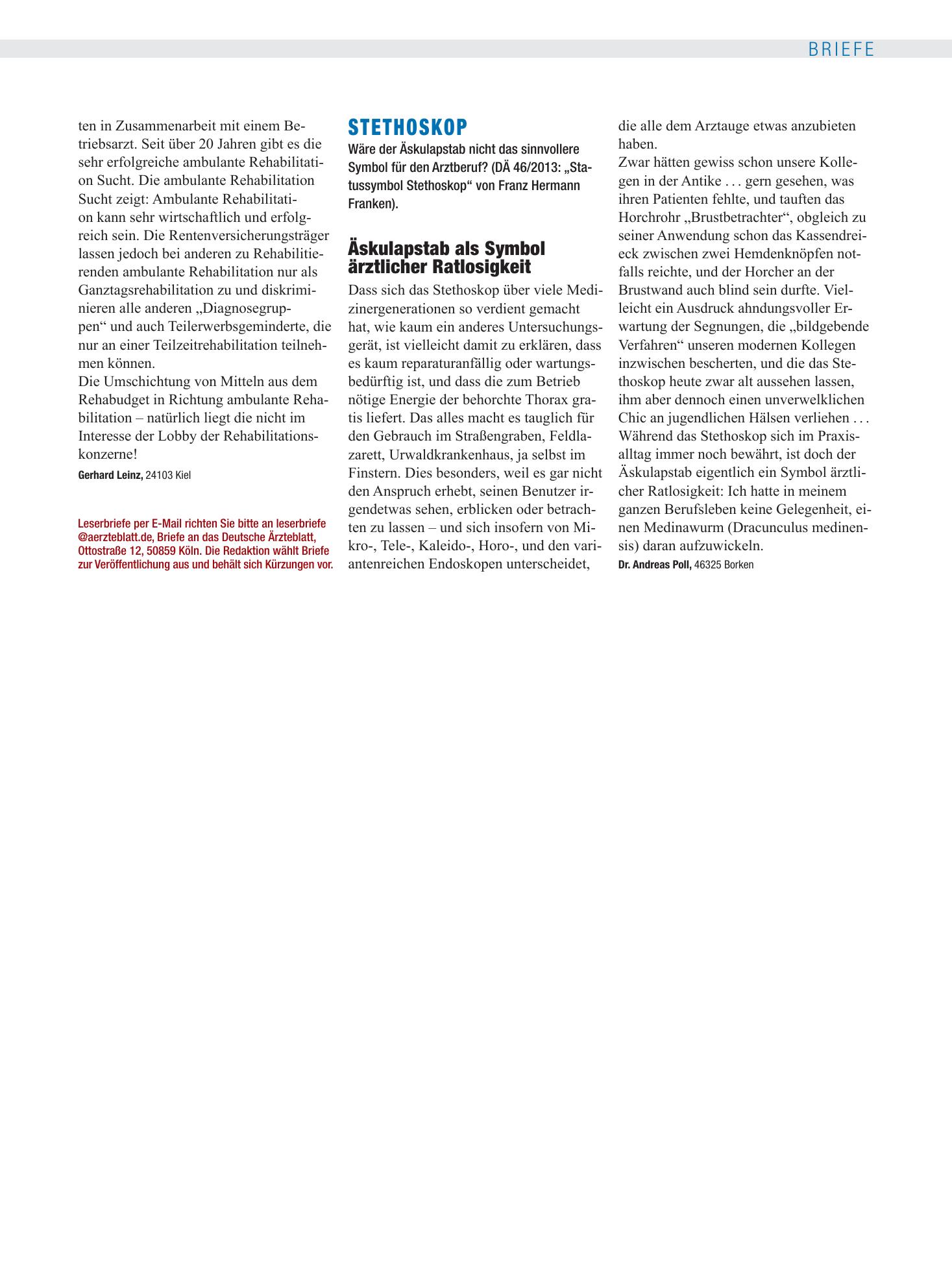 Vorschauseite 1: Stethoskop: Äskulapstab als Symbol ärztlicher Ratlosigkeit – Deutsches Ärzteblatt