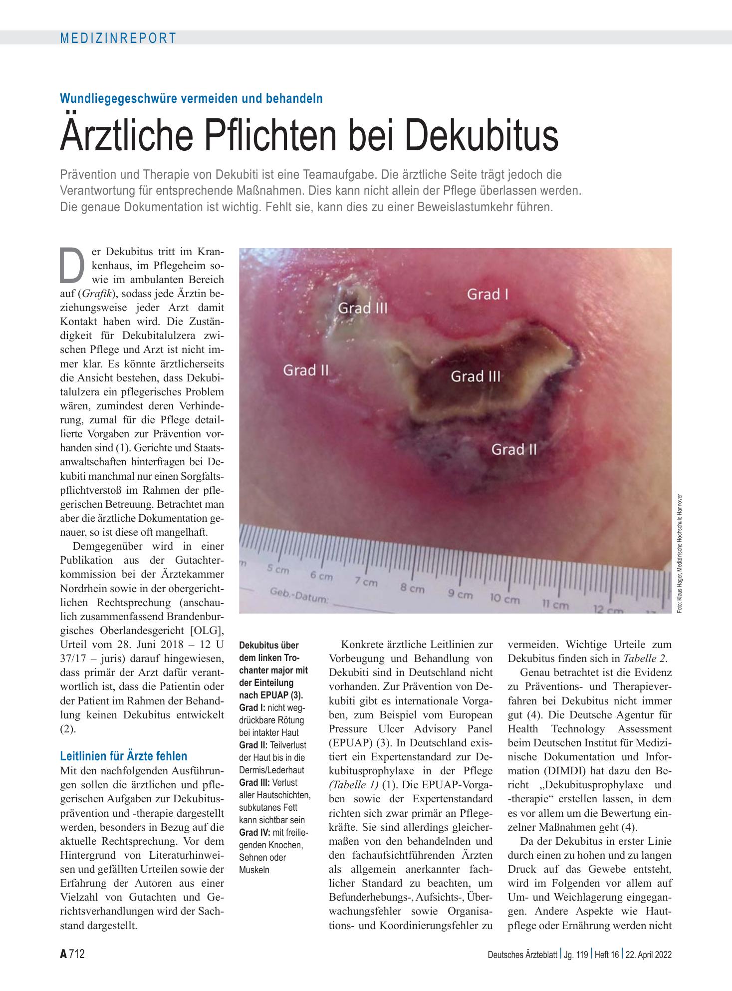 Vorschauseite 1: Wundliegegeschwüre vermeiden und behandeln: Ärztliche Pflichten bei Dekubitus – Deutsches Ärzteblatt