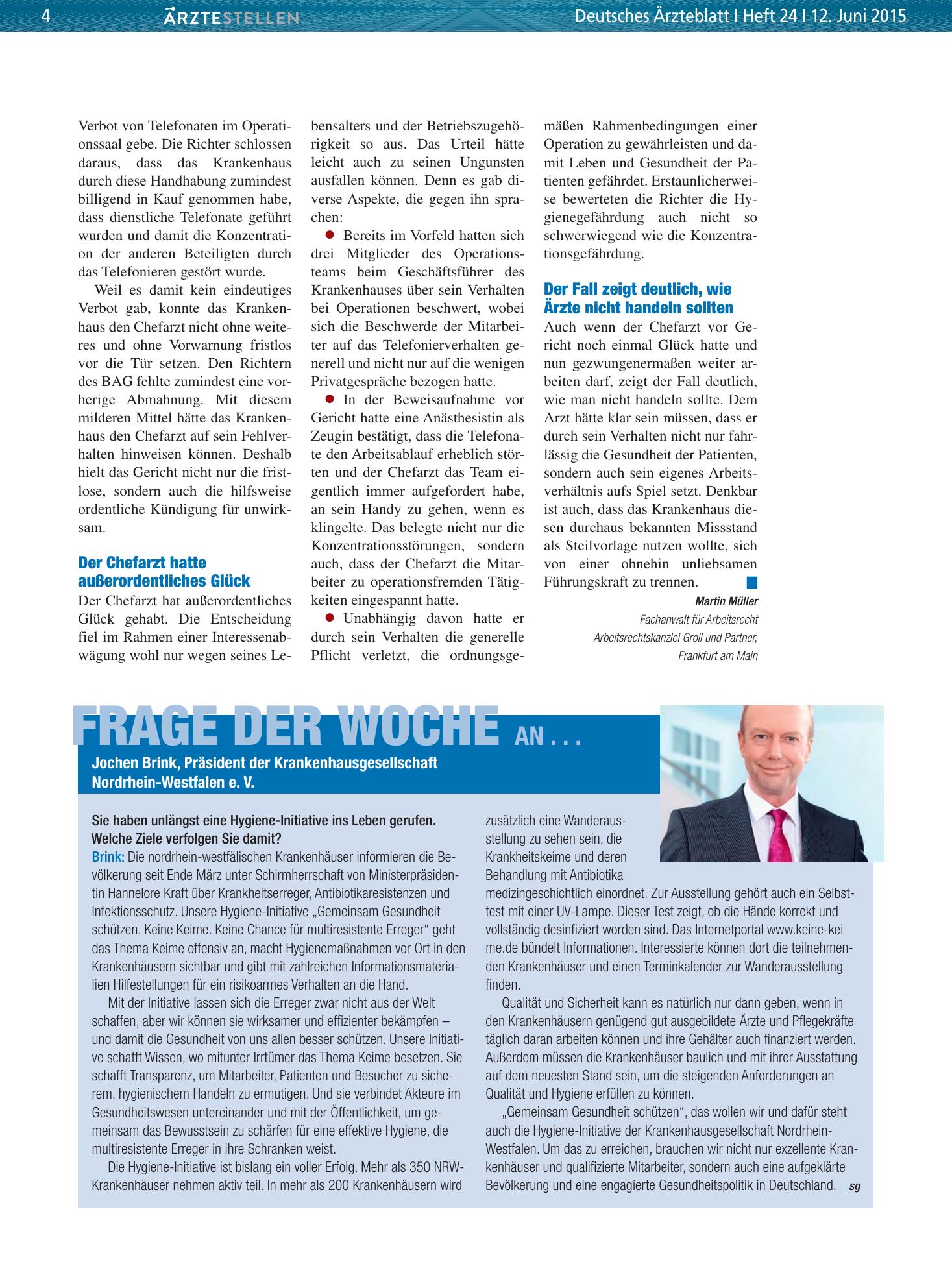Vorschauseite 1: Frage der Woche an . . . Jochen Brink, Präsident der Krankenhausgesellschaft Nordrhein-Westfalen e. V. – Deutsches Ärzteblatt
