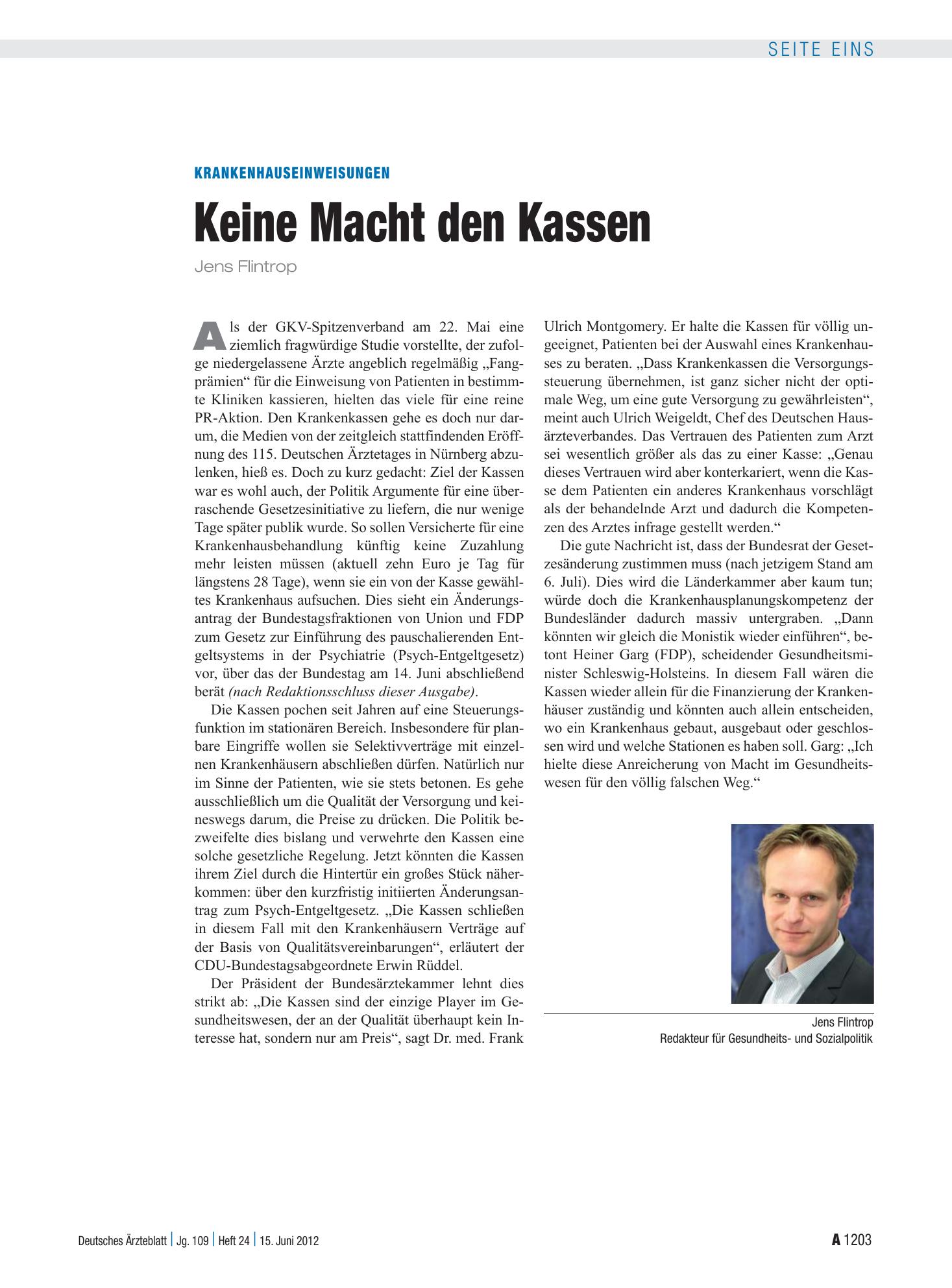 Vorschauseite 1: Krankenhauseinweisungen: Keine Macht den Kassen – Deutsches Ärzteblatt