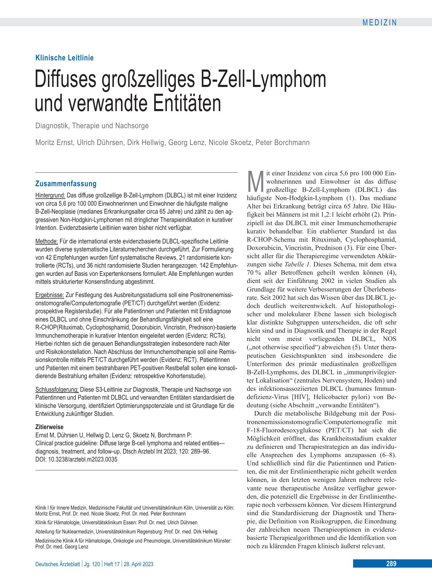 Vorschauseite 1: Diffuses großzelliges B-Zell-Lymphom und verwandte Entitäten – Deutsches Ärzteblatt