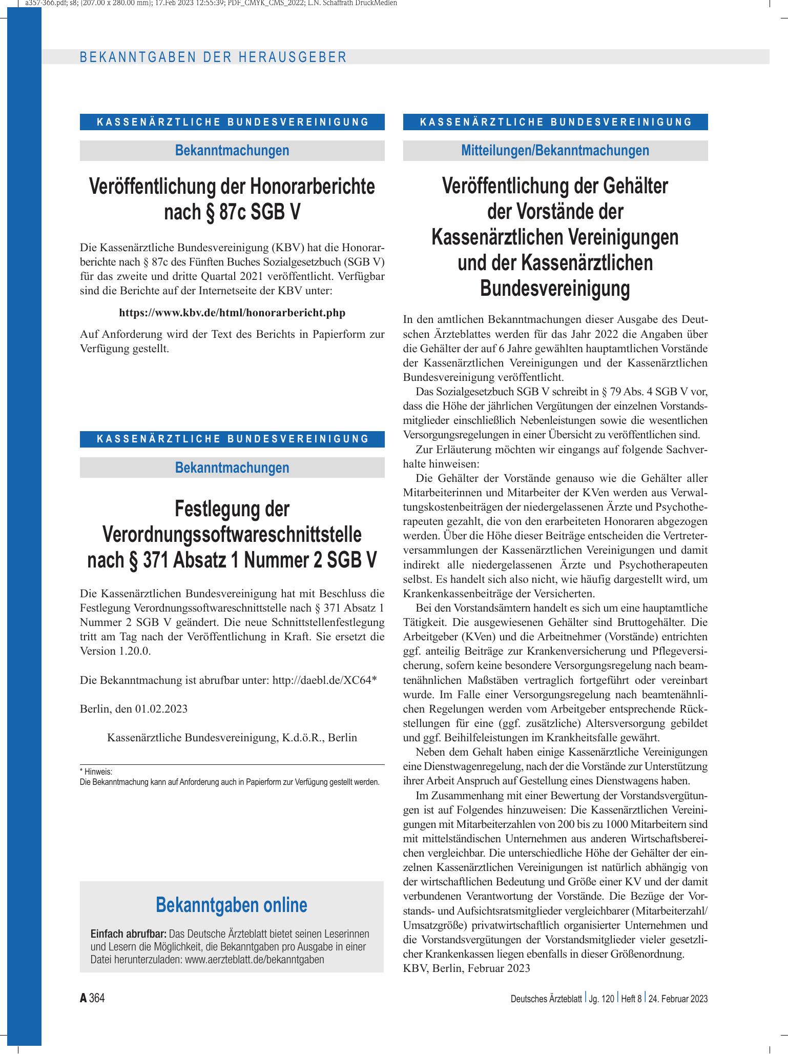 Vorschauseite 1: Festlegung der Verordnungssoftwareschnittstelle nach § 371 Absatz 1 Nummer 2 SGB V – Deutsches Ärzteblatt