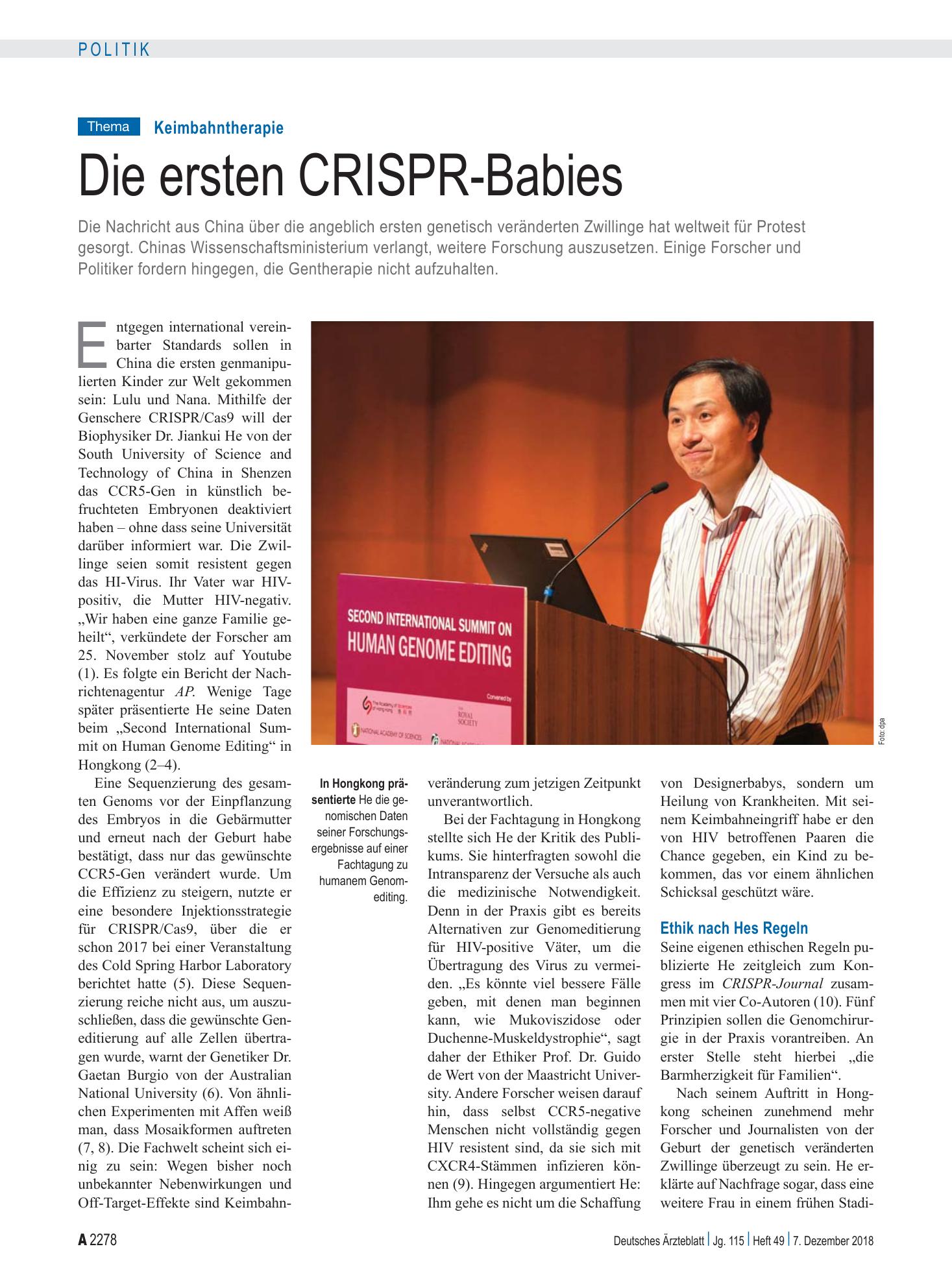 Vorschauseite 1: Keimbahntherapie: Die ersten CRISPR-Babies – Deutsches Ärzteblatt