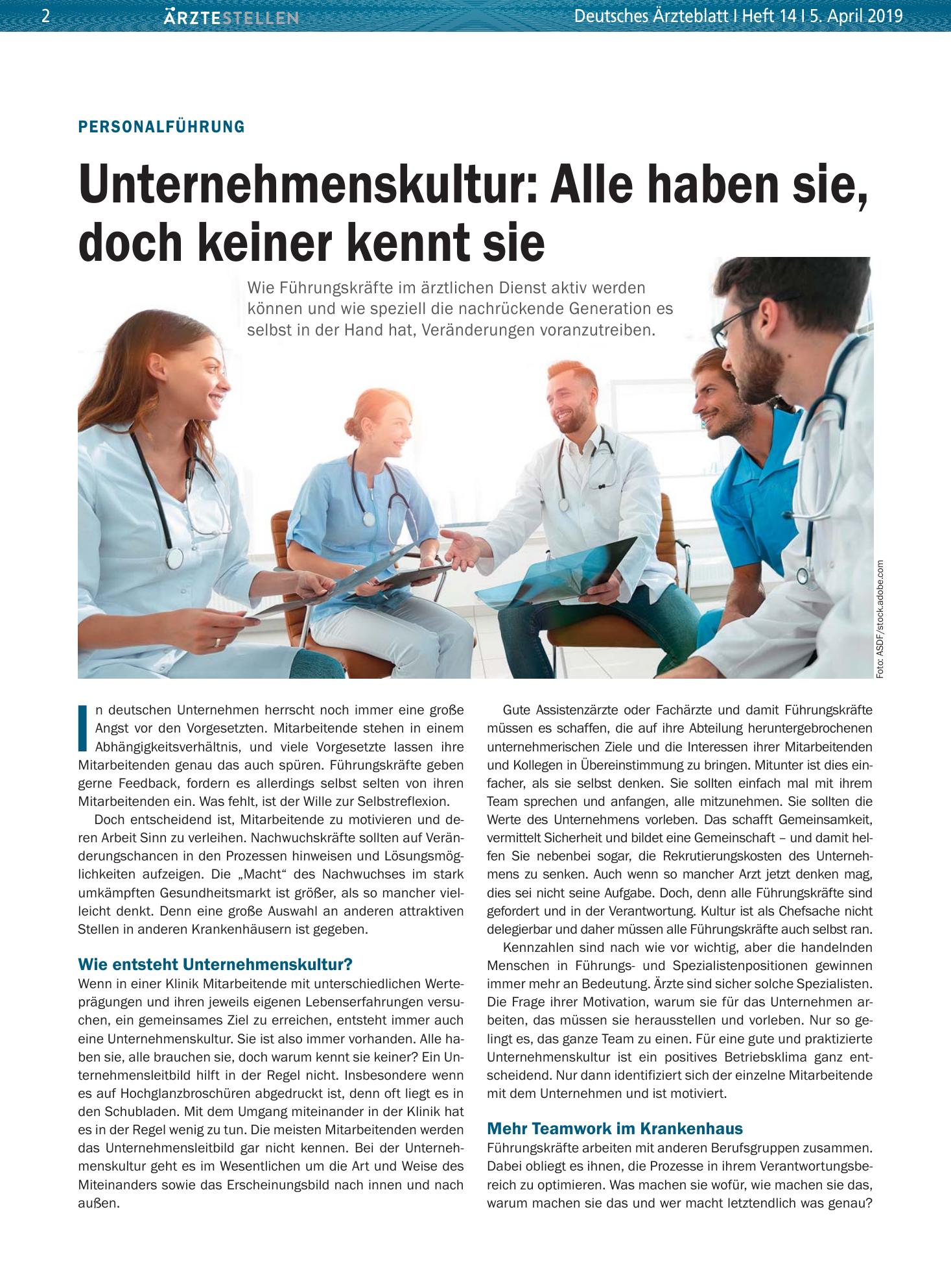 Vorschauseite 1: Personalführung: Unternehmenskultur: Alle haben sie, doch keiner kennt sie – Deutsches Ärzteblatt