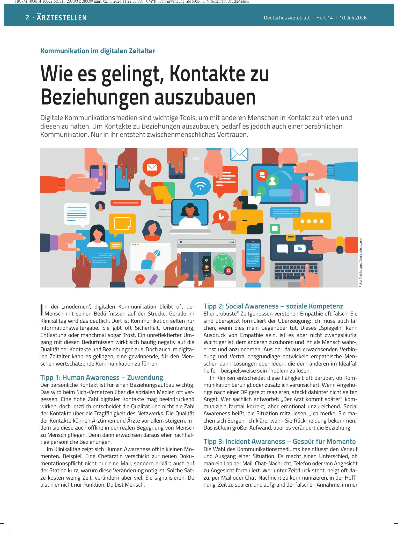 Vorschauseite 1: Kommunikation im digitalen Zeitalter: Wie es gelingt, Kontakte zu Beziehungen auszubauen – Deutsches Ärzteblatt