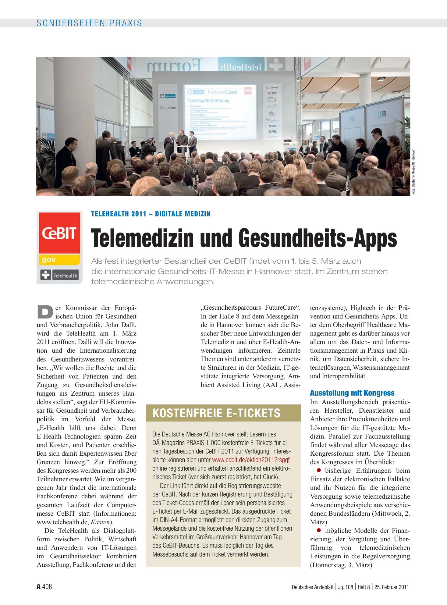 Vorschauseite 1: TeleHealth 2011 – digitale Medizin: Telemedizin und Gesundheits-Apps – Deutsches Ärzteblatt