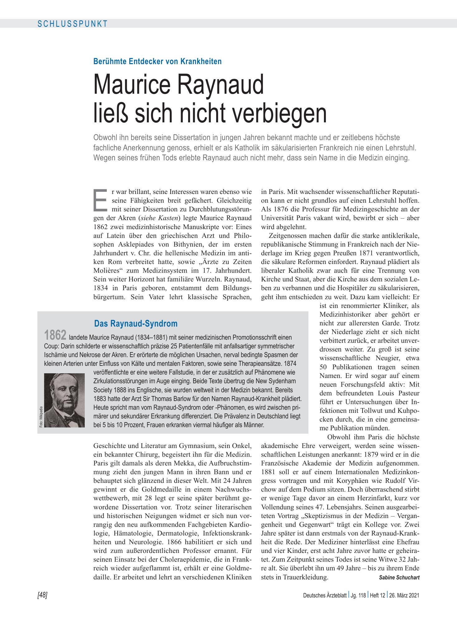 Vorschauseite 1: Berühmte Entdecker von Krankheiten: Maurice Raynaud ließ sich nicht verbiegen – Deutsches Ärzteblatt