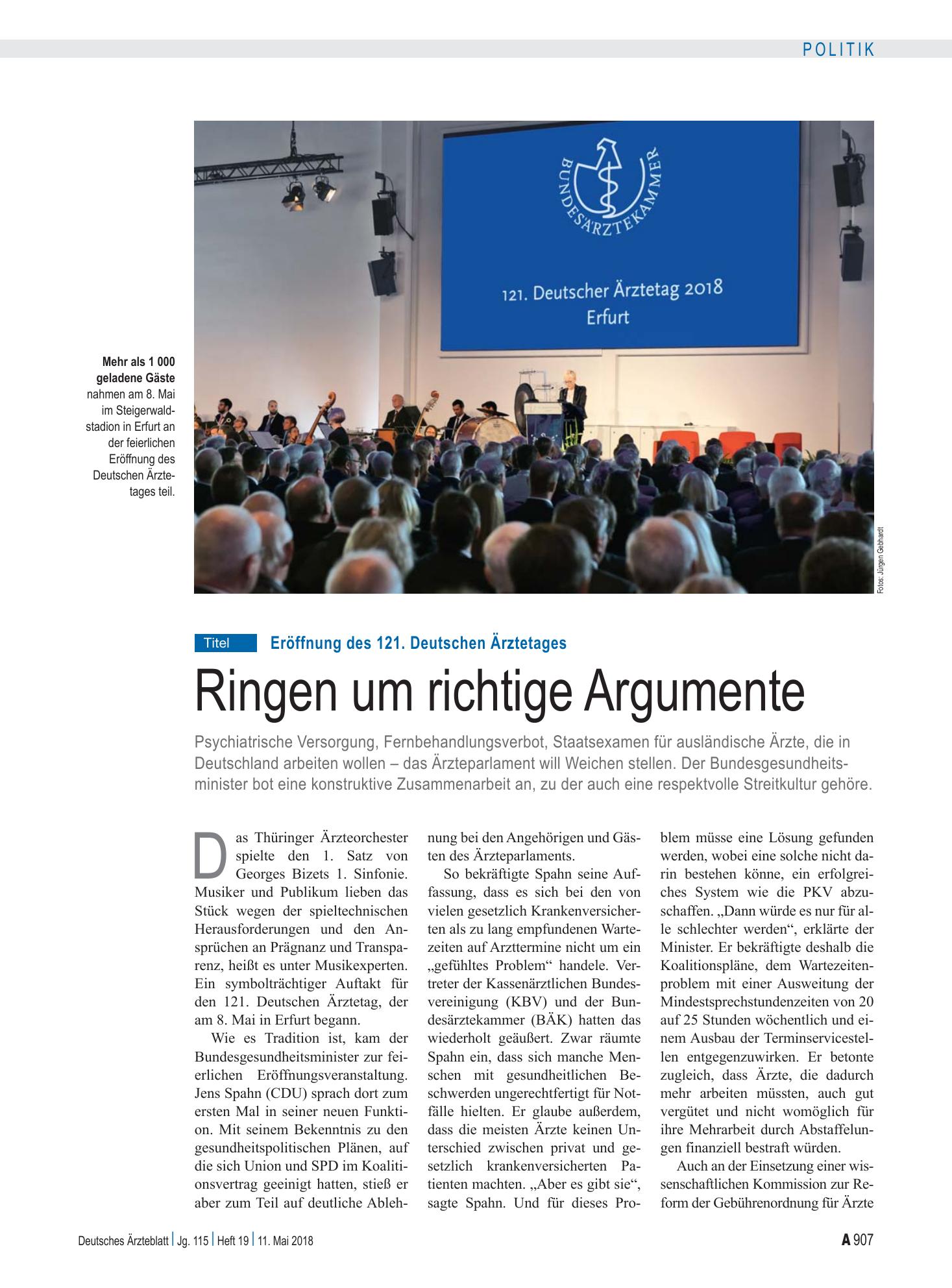 Vorschauseite 1: Eröffnung des 121. Deutschen Ärztetages: Ringen um richtige Argumente – Deutsches Ärzteblatt