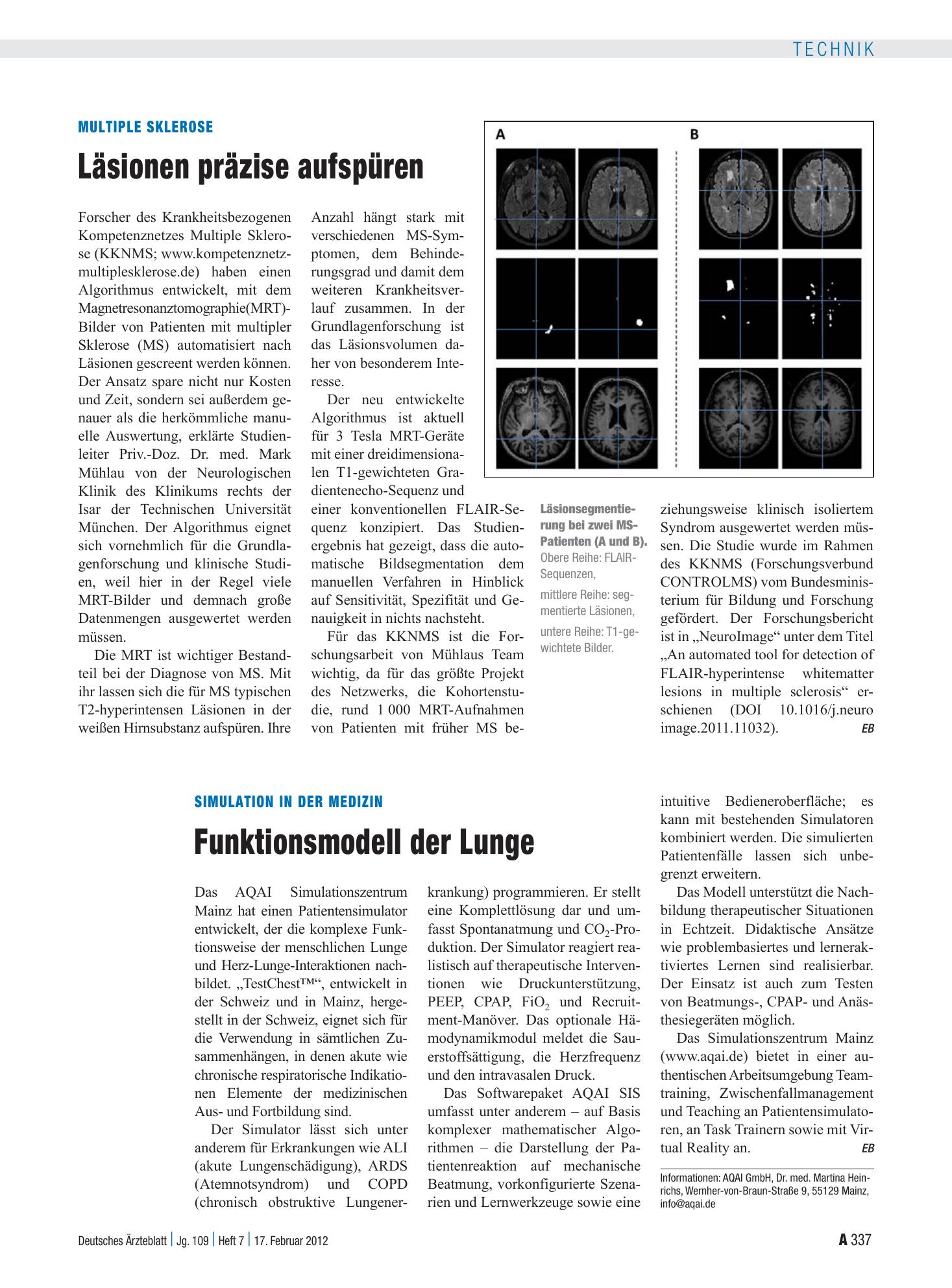 Vorschauseite 1: Simulation in der Medizin: Funktionsmodell der Lunge – Deutsches Ärzteblatt