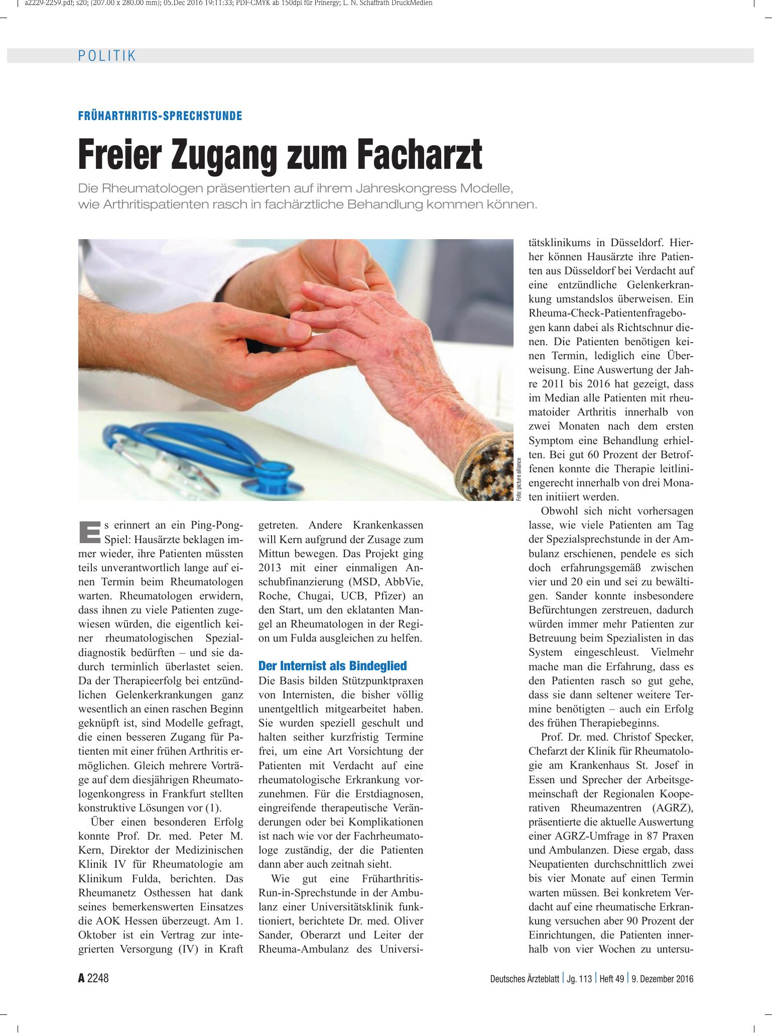 Vorschauseite 1: Früharthritis-Sprechstunde: Freier Zugang zum Facharzt – Deutsches Ärzteblatt