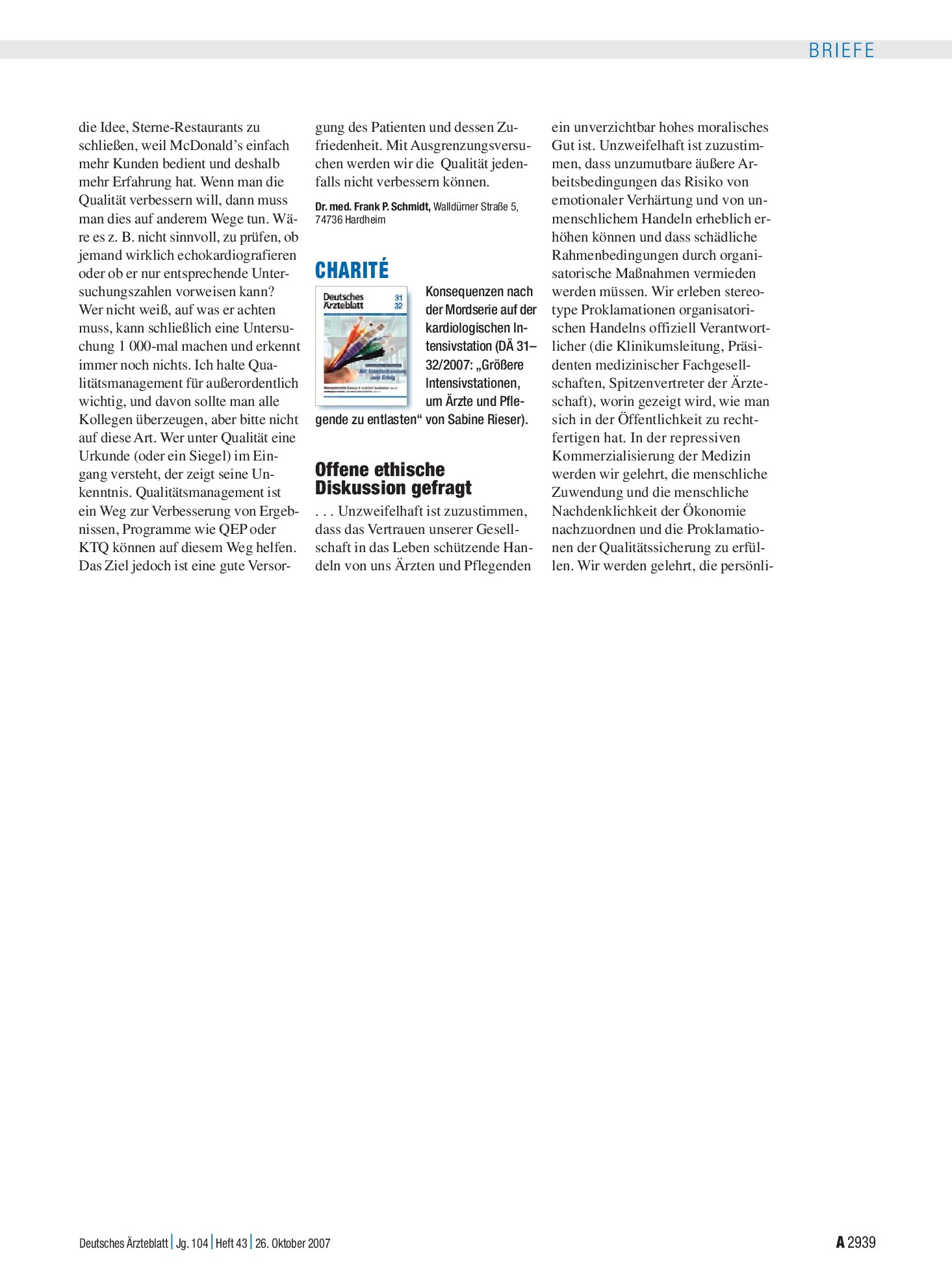 Vorschauseite 1: Charité: Offene ethische Diskussion gefragt – Deutsches Ärzteblatt