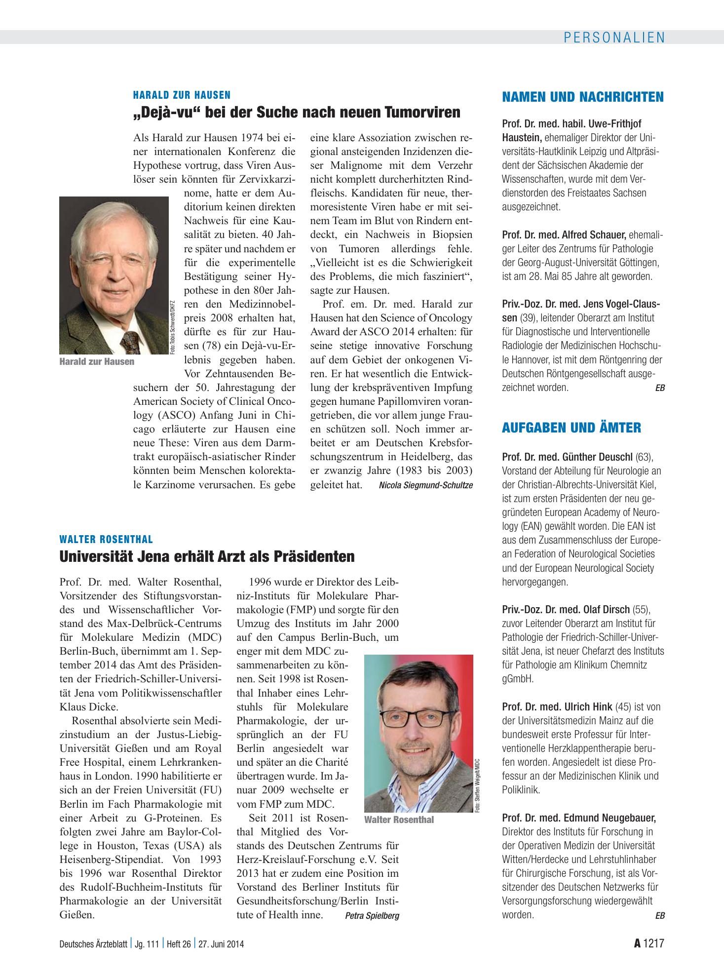 Vorschauseite 1: Walter Rosenthal: Universität Jena erhält Arzt als Präsidenten – Deutsches Ärzteblatt