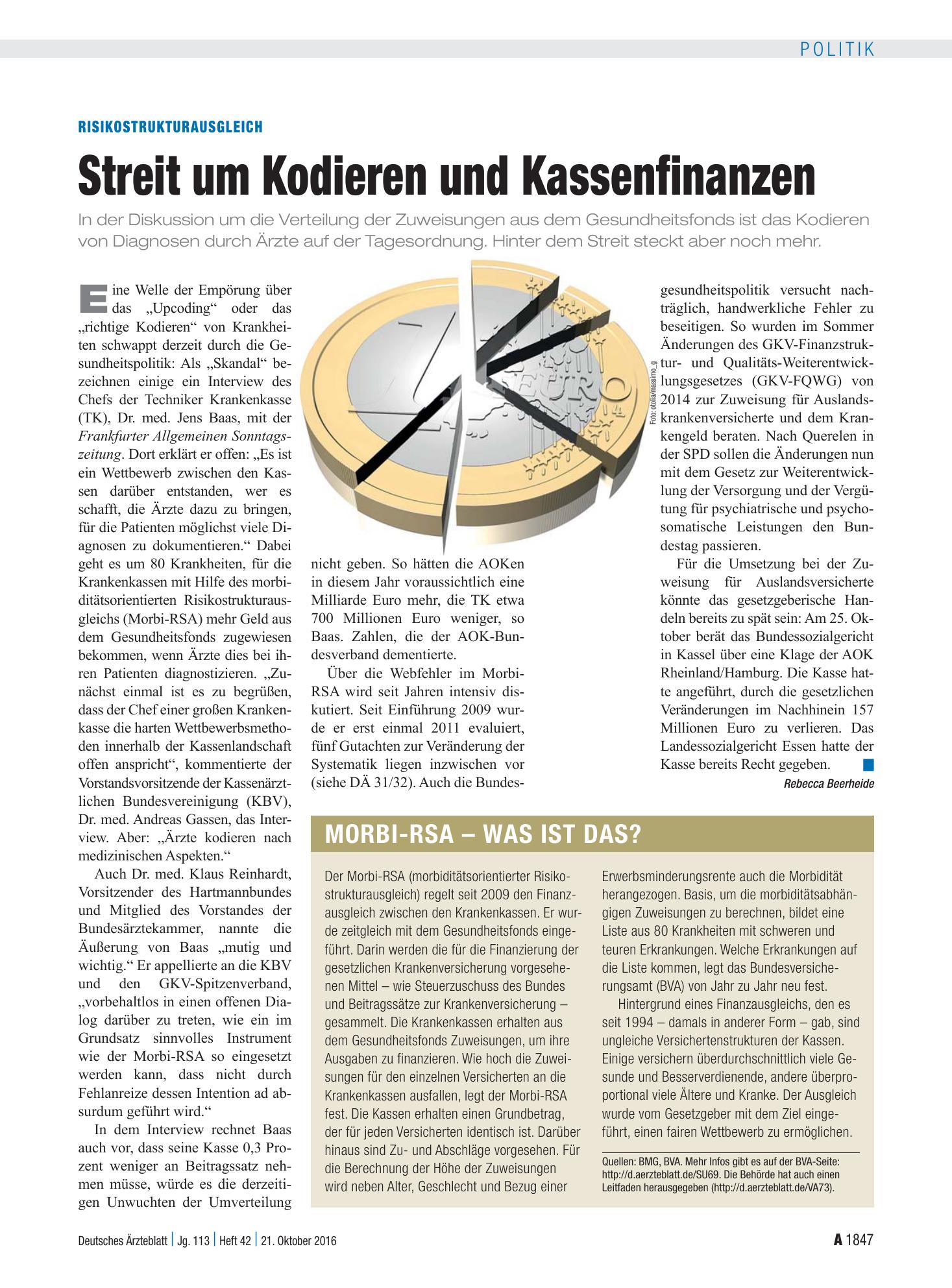 Vorschauseite 1: Risikostrukturausgleich: Streit um Kodieren und Kassenfinanzen – Deutsches Ärzteblatt