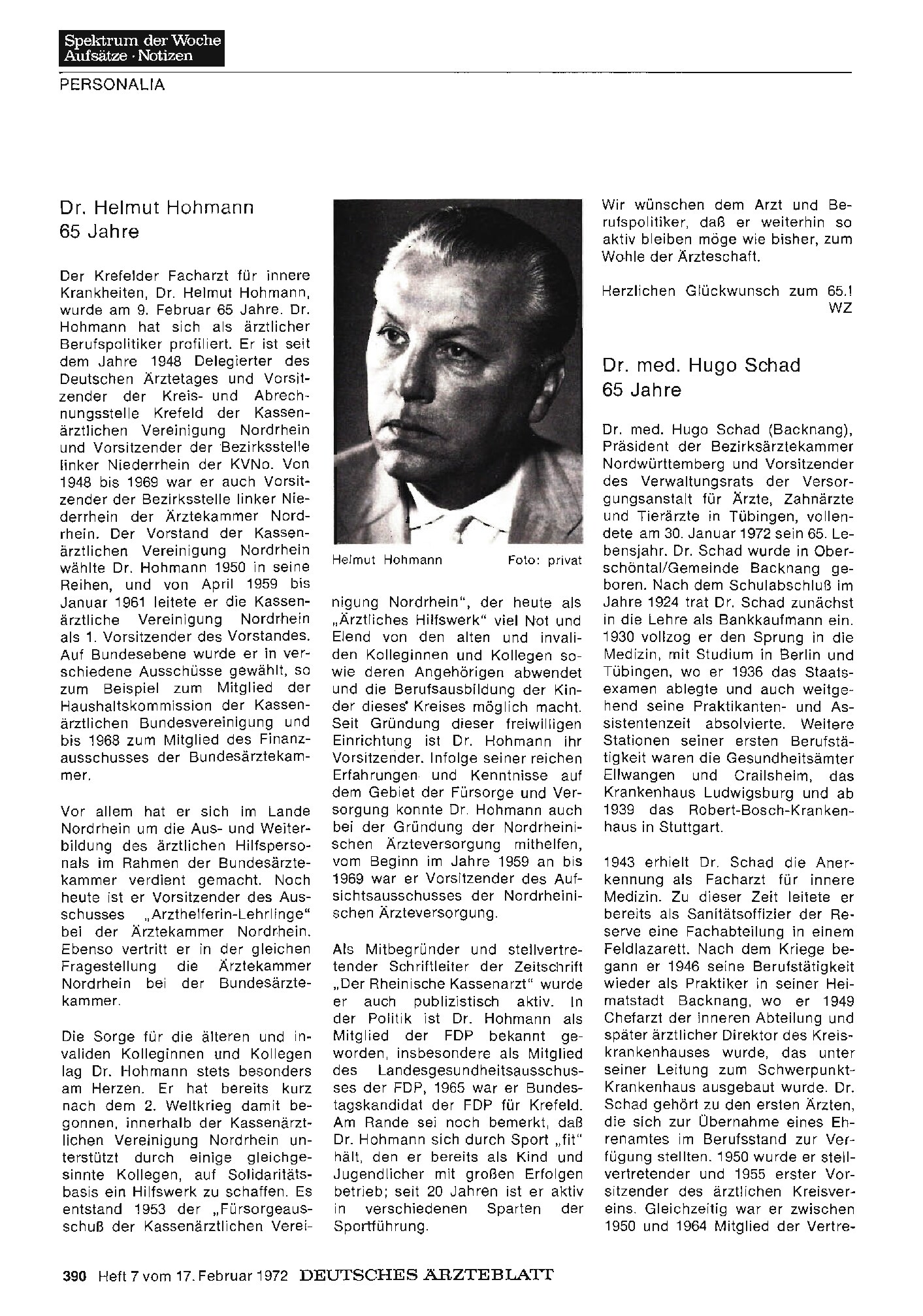 Vorschauseite 1: Dr. med. Hugo Schad 65 Jahre