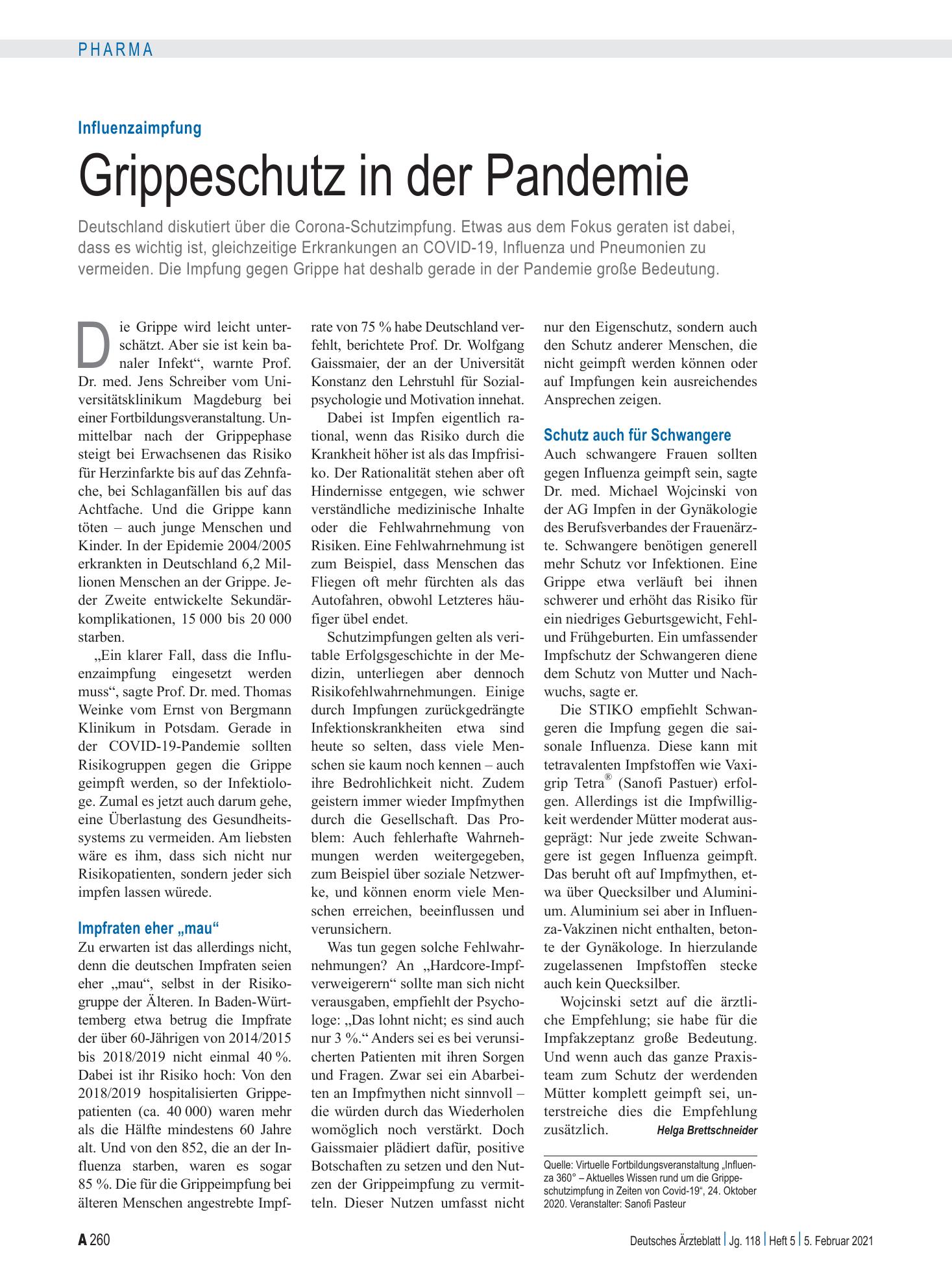Vorschauseite 1: Influenzaimpfung: Grippeschutz in der Pandemie – Deutsches Ärzteblatt
