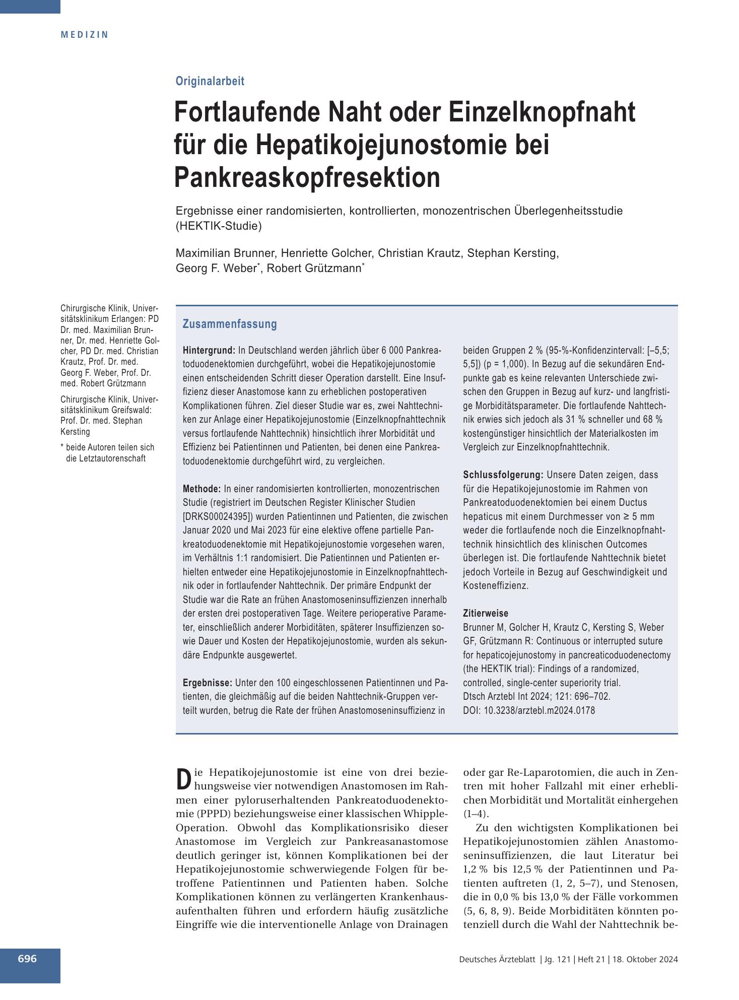 Vorschauseite 1: Fortlaufende Naht oder Einzelknopfnaht für die Hepatikojejunostomie bei Pankreaskopfresektion – Deutsches Ärzteblatt