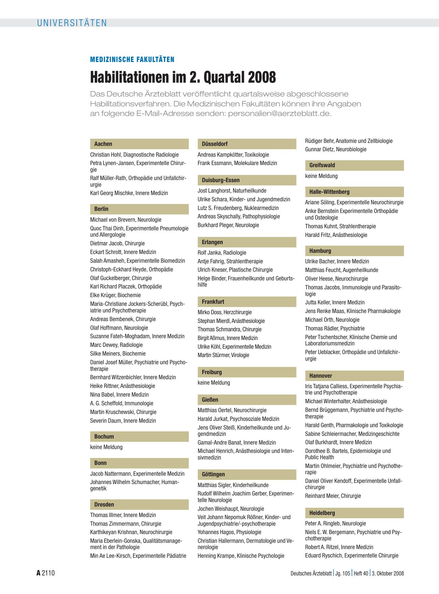 Vorschauseite 1: Medizinische Fakultäten: Habilitationen im 2. Quartal 2008 – Deutsches Ärzteblatt
