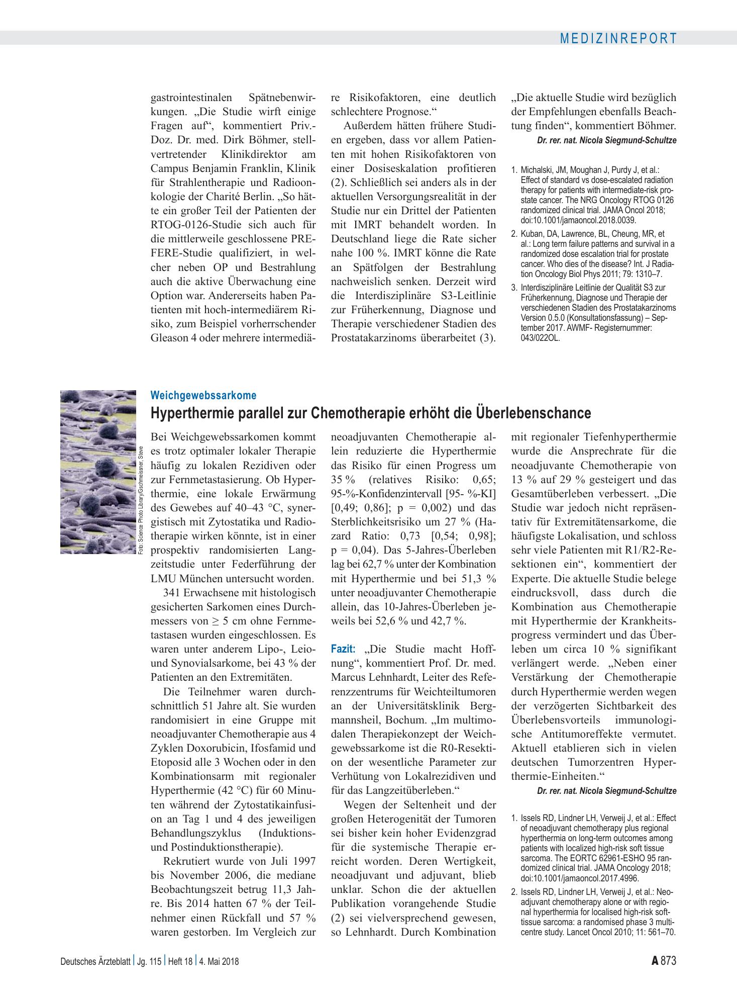 Vorschauseite 1: Weichgewebssarkome: Hyperthermie parallel zur Chemotherapie erhöht die Überlebenschance – Deutsches Ärzteblatt