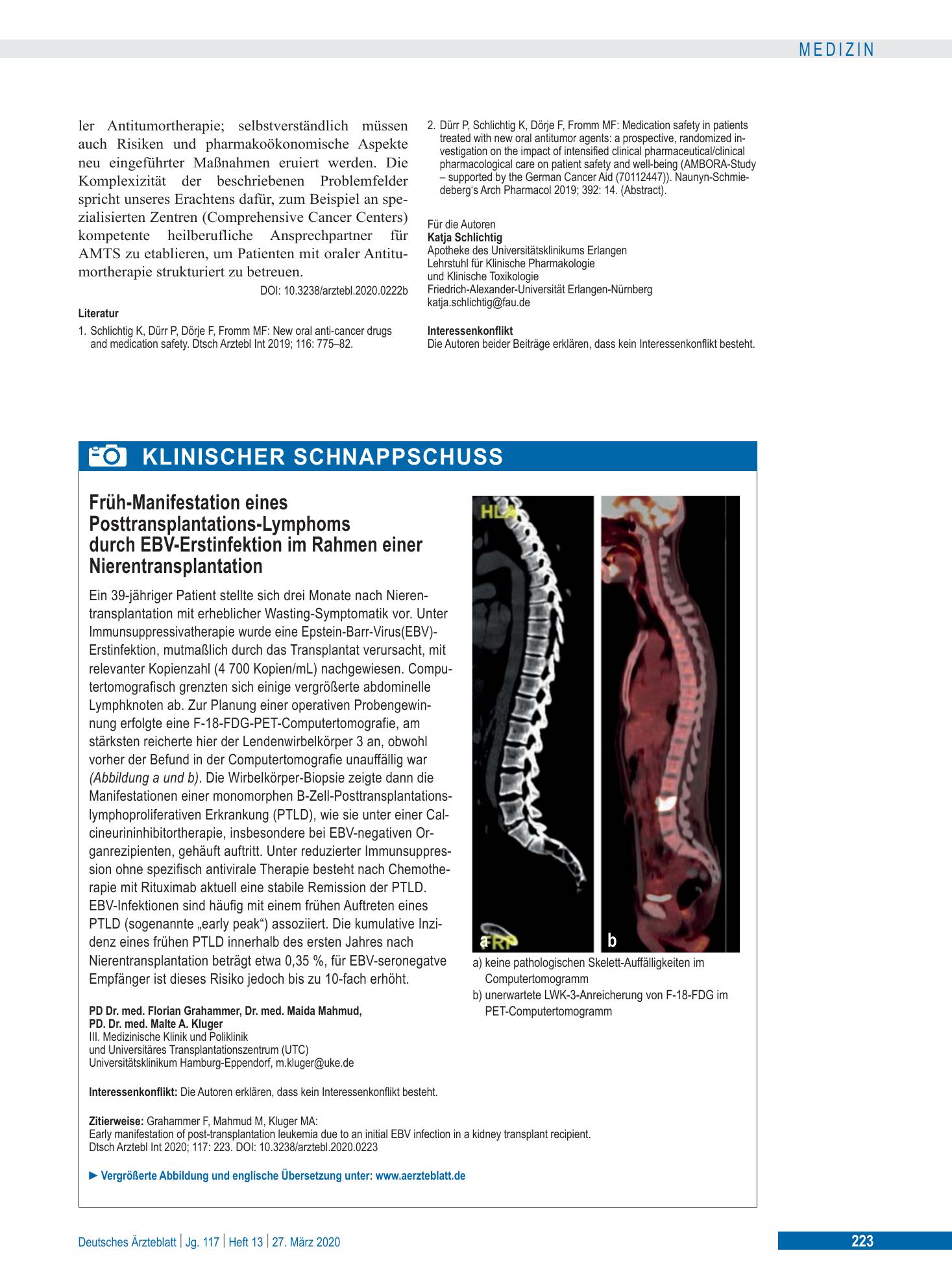 Vorschauseite 1: Früh-Manifestation eines Posttransplantations-Lymphoms durch EBV-Erstinfektion im Rahmen einer Nierentransplantation – Deutsches Ärzteblatt
