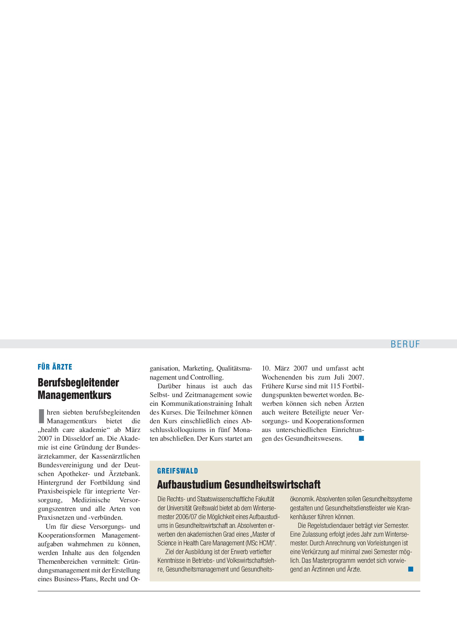 Vorschauseite 1: Für Ärzte: Berufsbegleitender Managementkurs – Deutsches Ärzteblatt