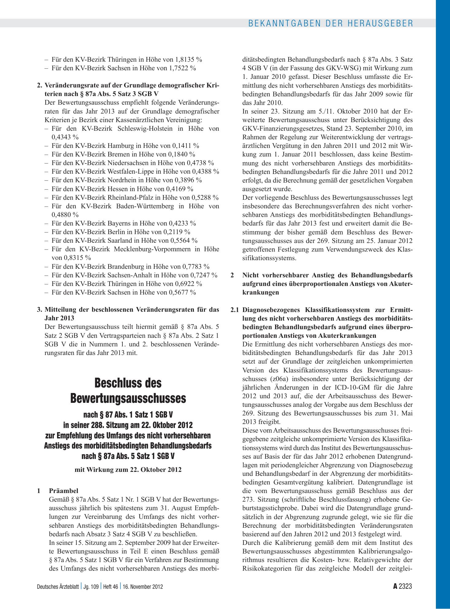 Vorschauseite 1: Beschluss des Bewertungsausschusses nach § 87 Abs. 1 Satz 1 SGB V in seiner 288. Sitzung am 22. Oktober 2012 zur Empfehlung des Umfangs des nicht vorhersehbaren Anstiegs des morbi…