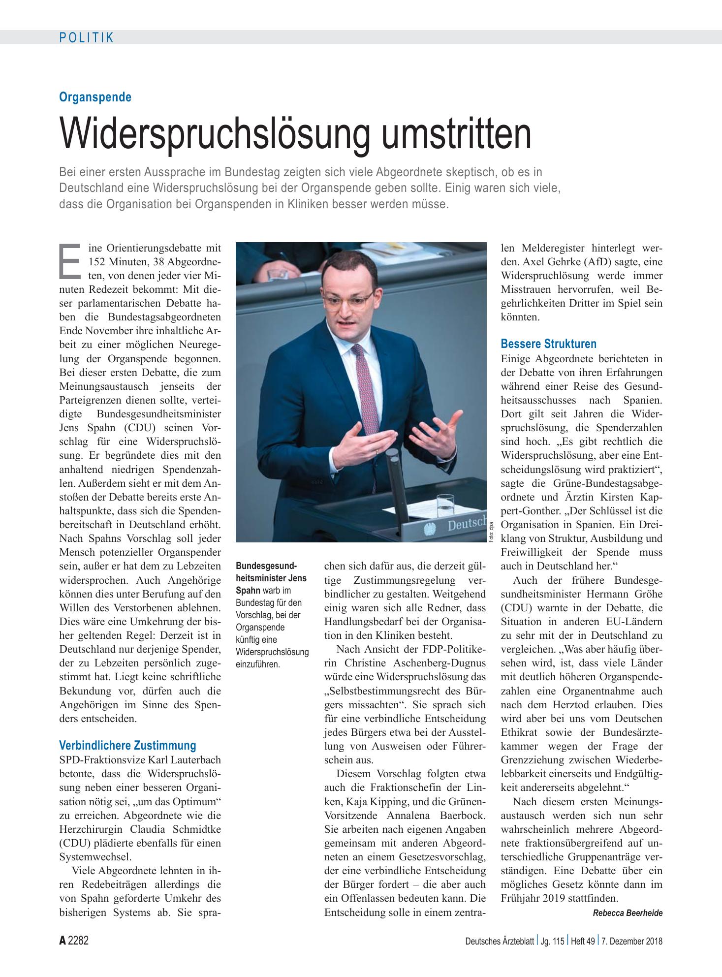 Vorschauseite 1: Organspende: Widerspruchslösung umstritten – Deutsches Ärzteblatt