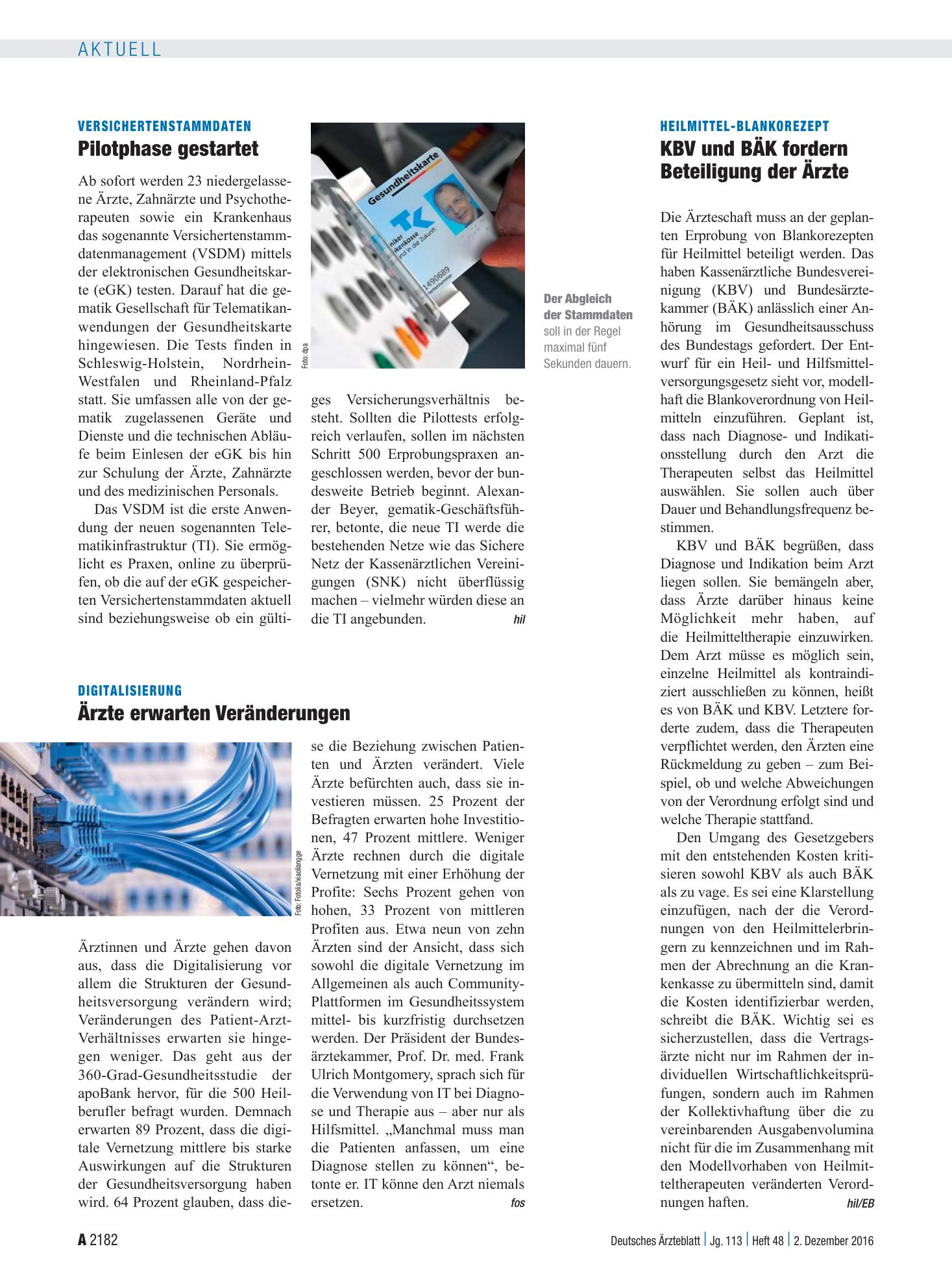 Vorschauseite 1: Versichertenstammdaten: Pilotphase gestartet – Deutsches Ärzteblatt
