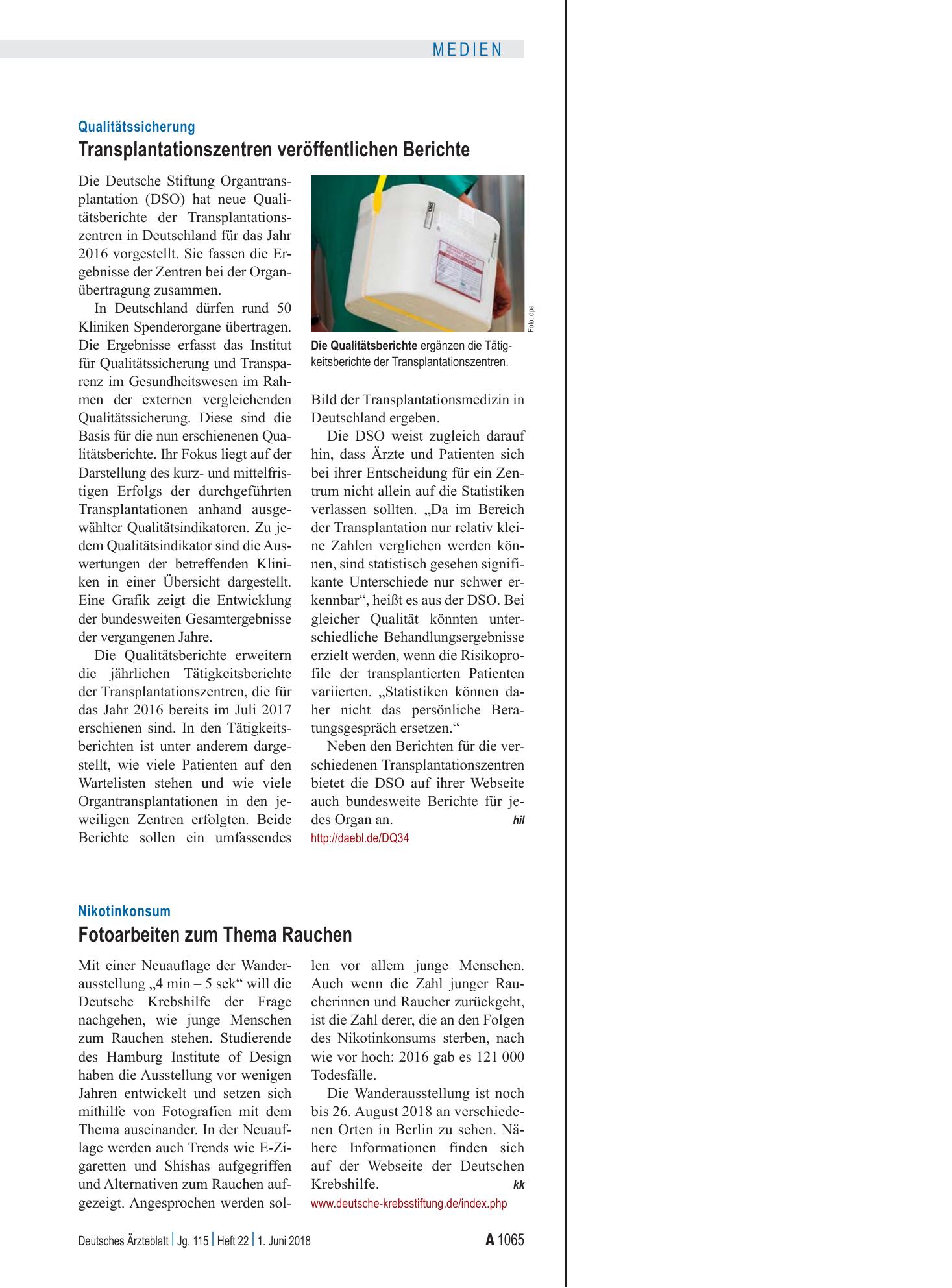 Vorschauseite 1: Qualitätssicherung: Transplantationszentren veröffentlichen Berichte – Deutsches Ärzteblatt