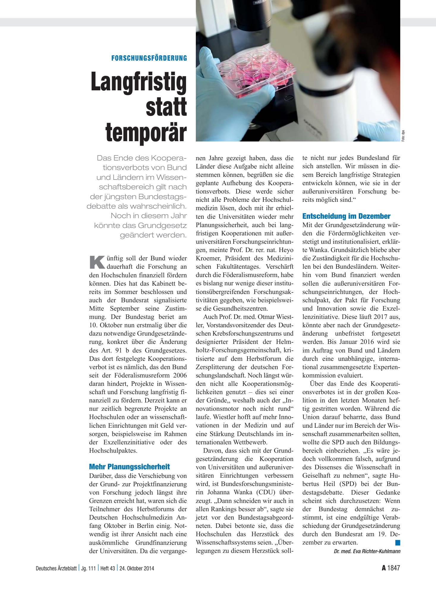 Vorschauseite 1: Forschungsförderung: Langfristig statt temporär – Deutsches Ärzteblatt