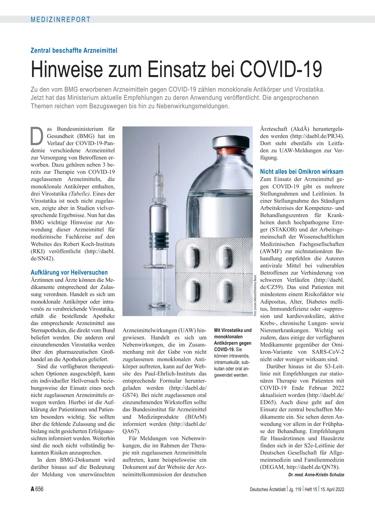 Vorschauseite 1: Zentral beschaffte Arzneimittel: Hinweise zum Einsatz bei COVID-19 – Deutsches Ärzteblatt