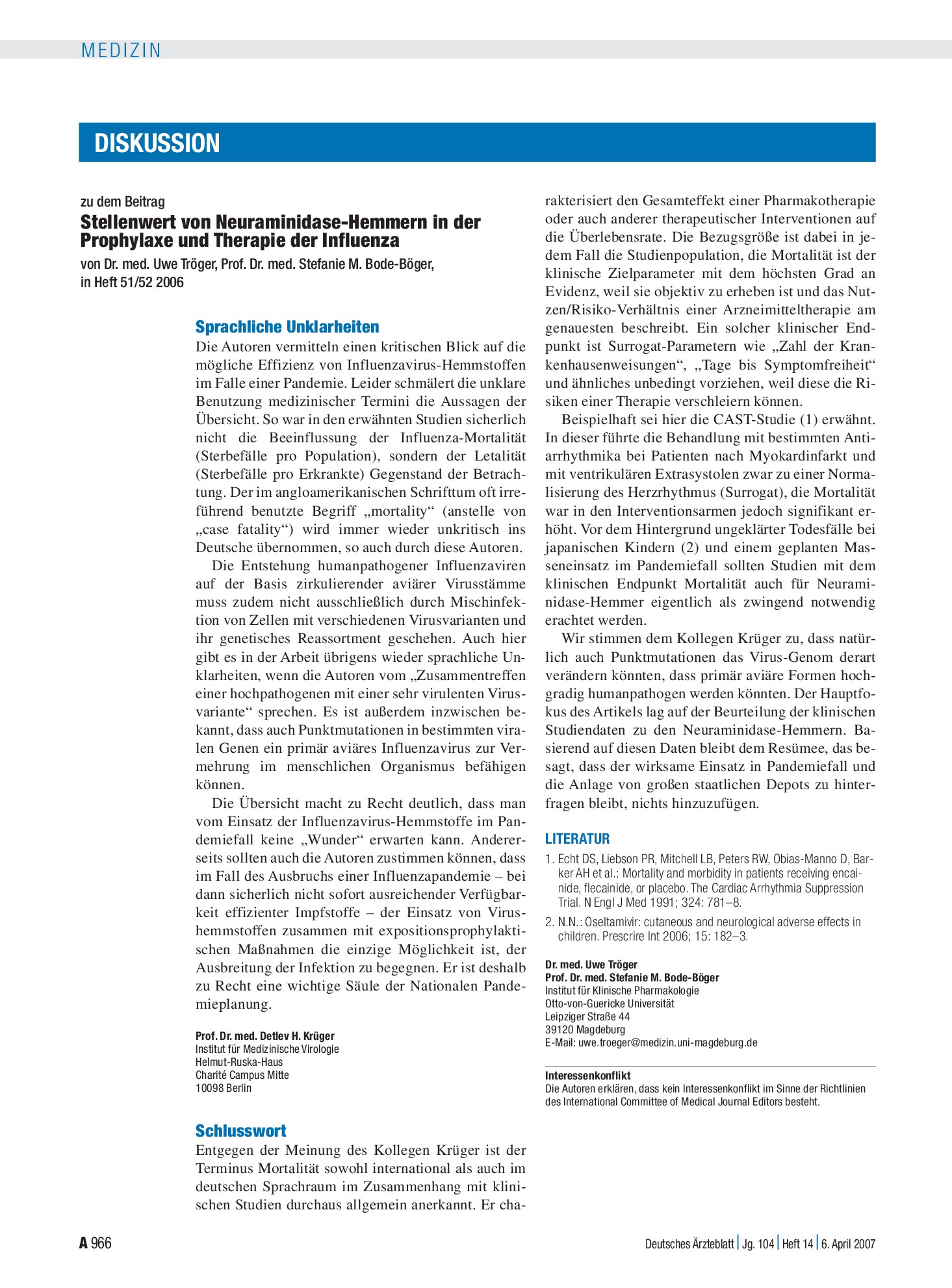 Vorschauseite 1: Stellenwert von Neuraminidase-Hemmern in der Prophylaxe und Therapie der Influenza: Schlusswort – Deutsches Ärzteblatt