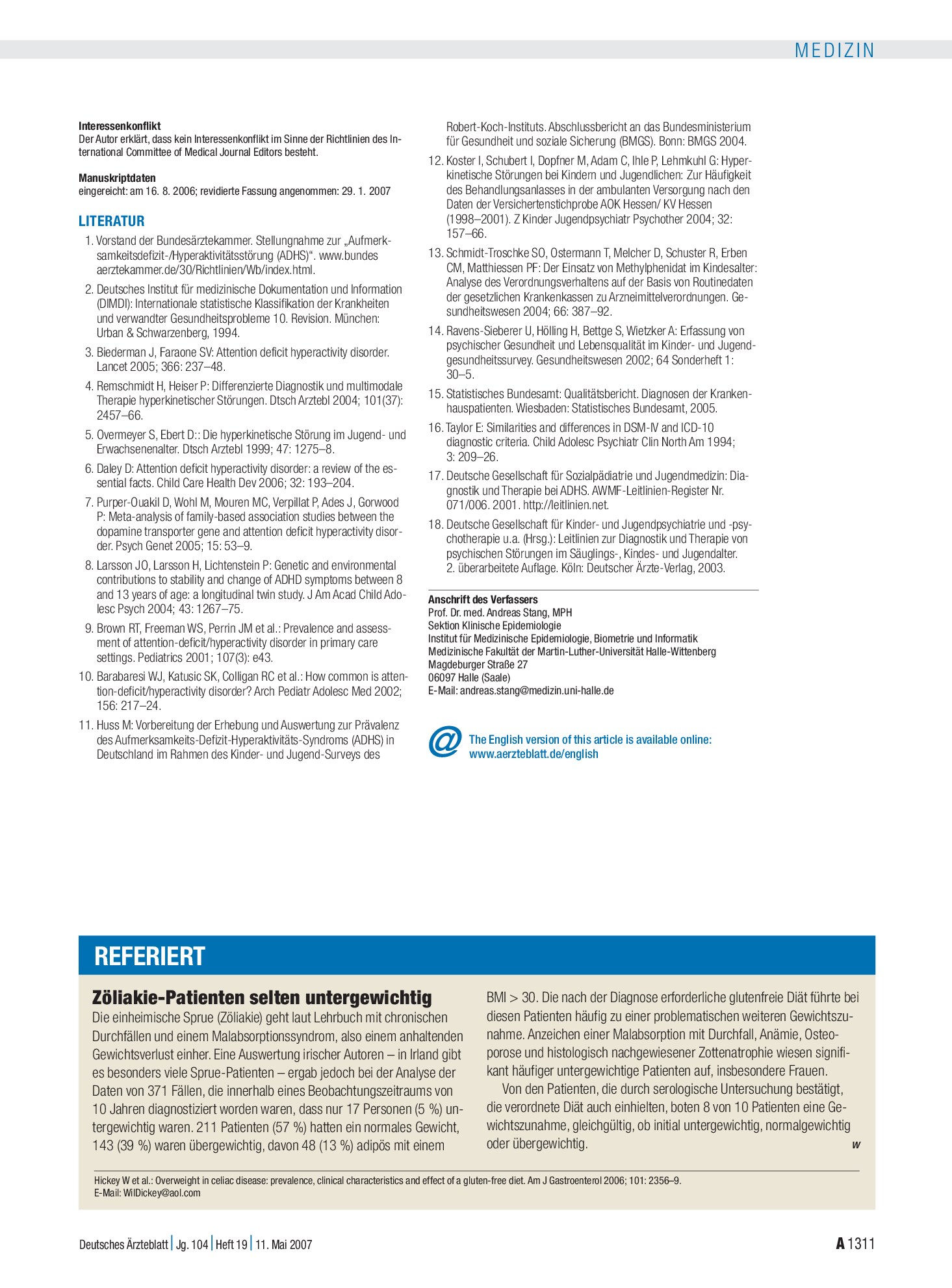 Vorschauseite 1: Zöliakie-Patienten selten untergewichtig – Deutsches Ärzteblatt