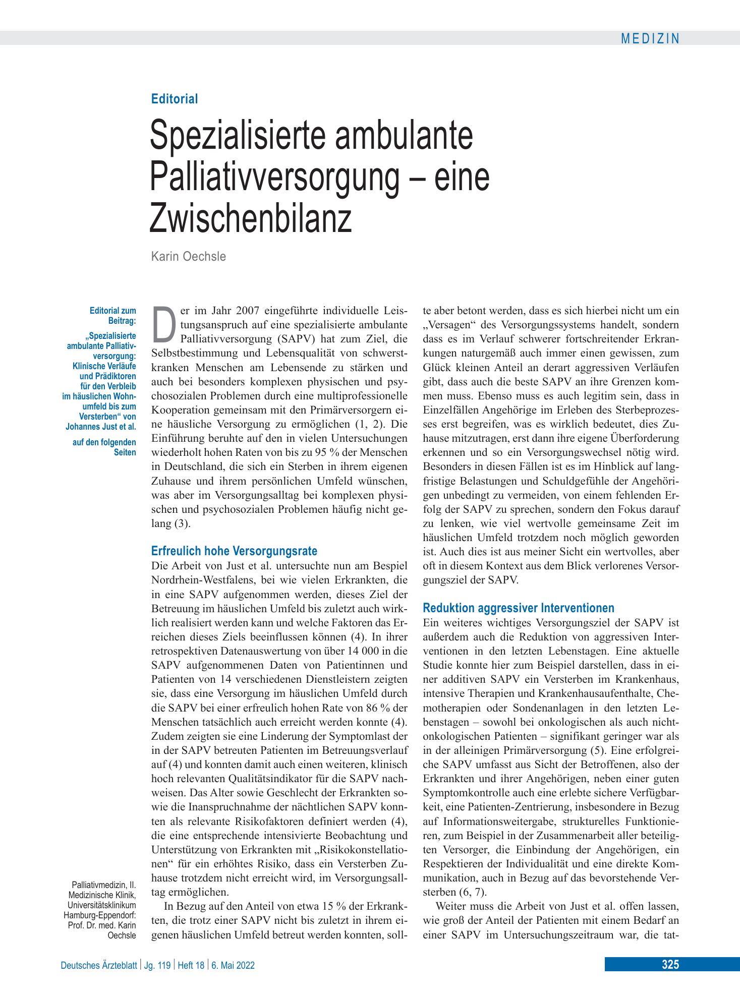 Vorschauseite 1: Spezialisierte ambulante Palliativversorgung – Deutsches Ärzteblatt