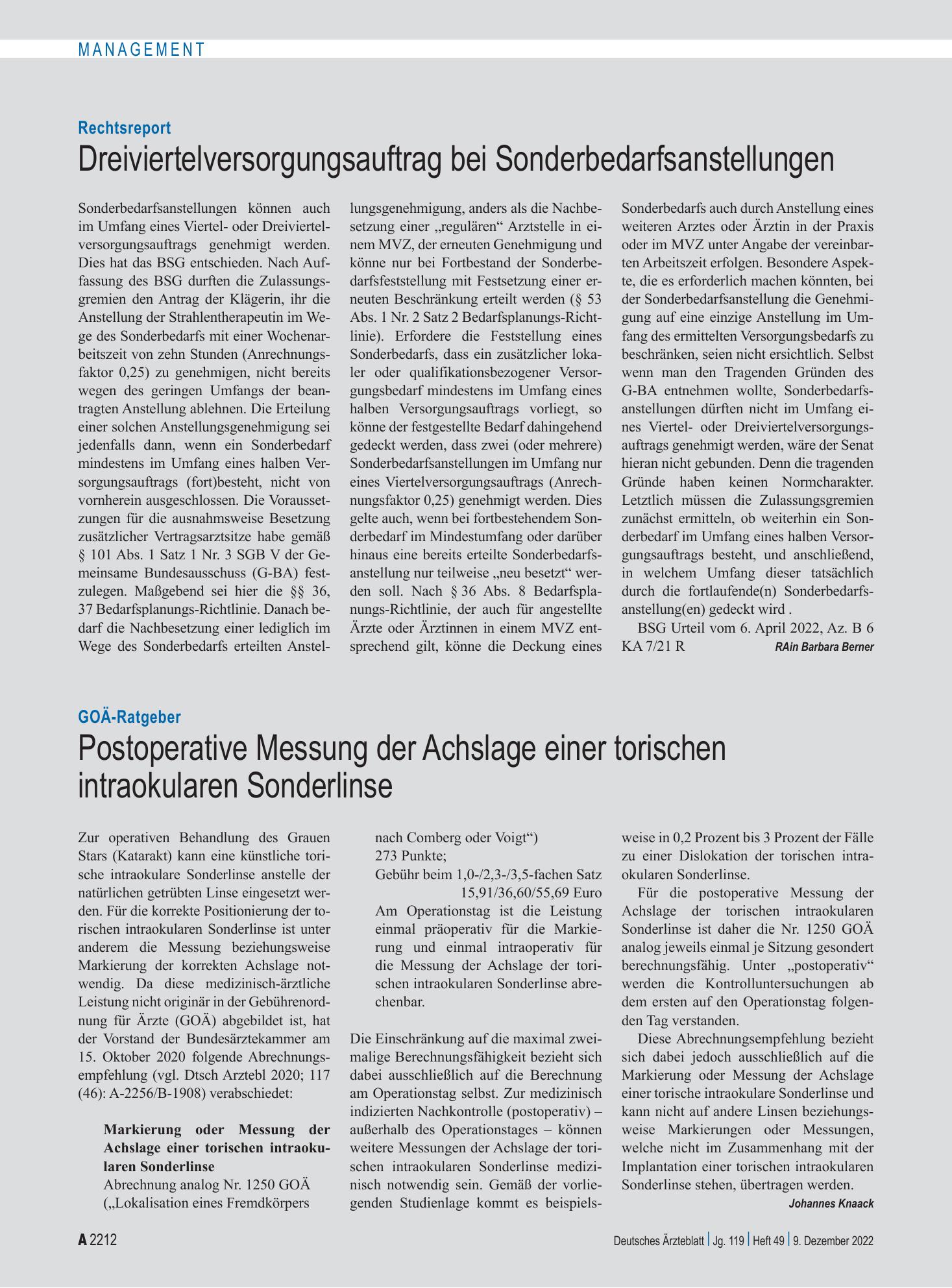 Vorschauseite 1: GOÄ-Ratgeber: Postoperative Messung der Achslage einer torischen intraokularen Sonderlinse – Deutsches Ärzteblatt