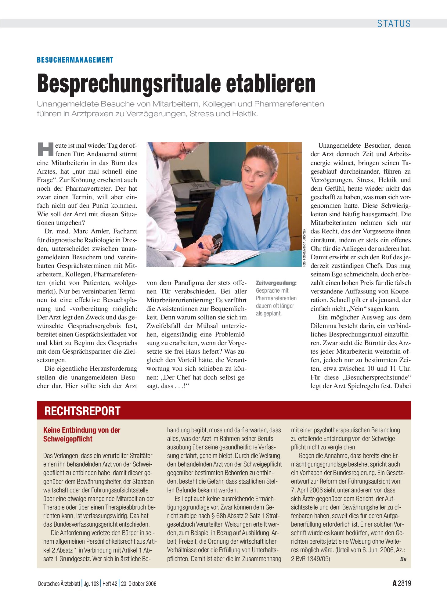 Vorschauseite 1: Besuchermanagement: Besprechungsrituale etablieren – Deutsches Ärzteblatt